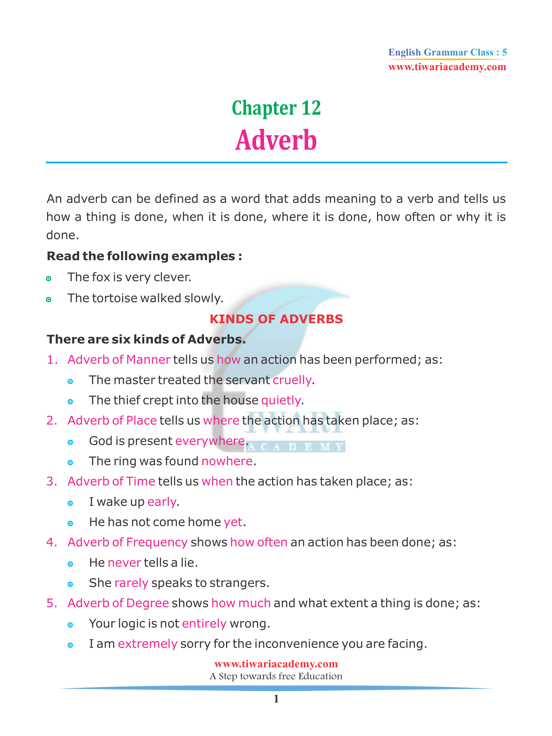NCERT Solutions for Class 5 English Grammar Chapter 12 Adverbs free PDF