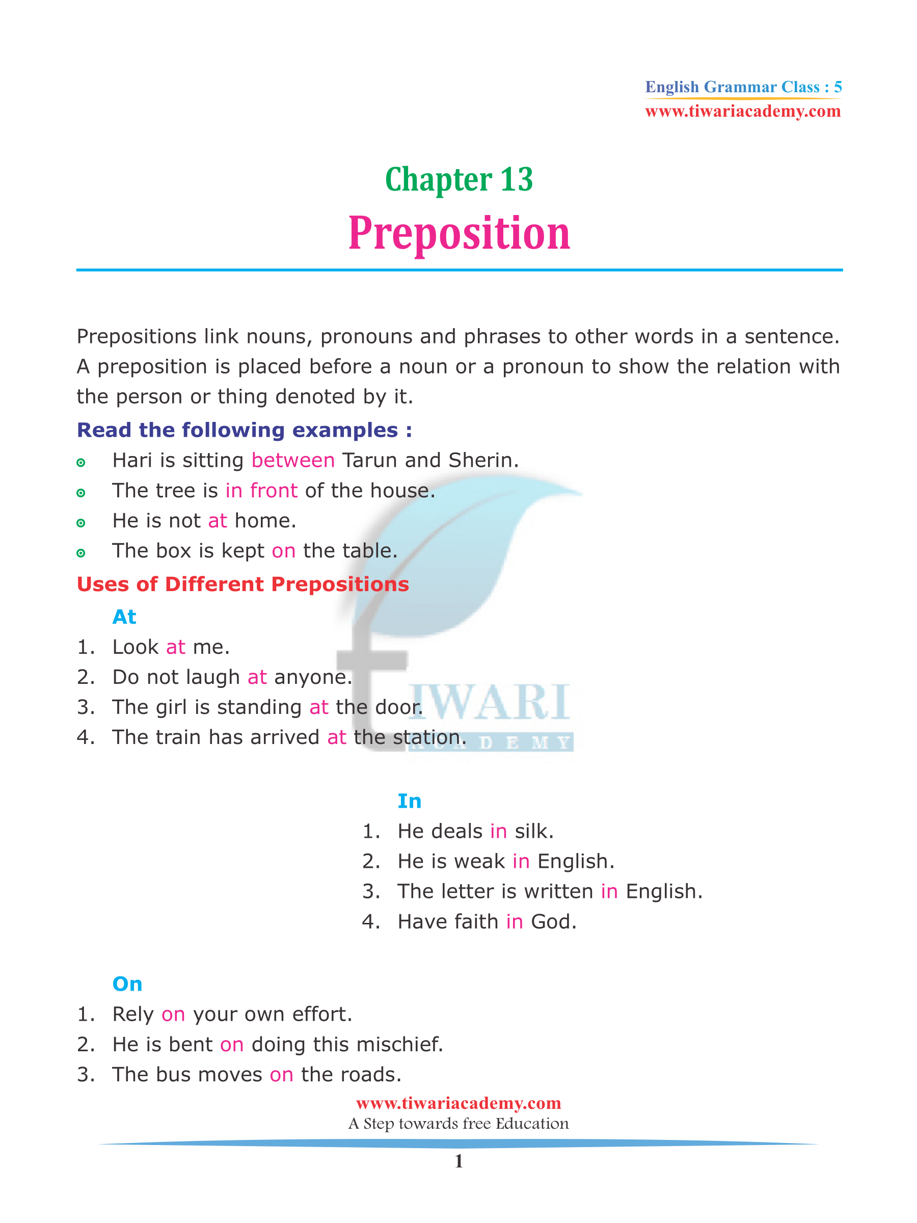 CBSE Class 5 English Grammar Chapter 13 Prepositions
