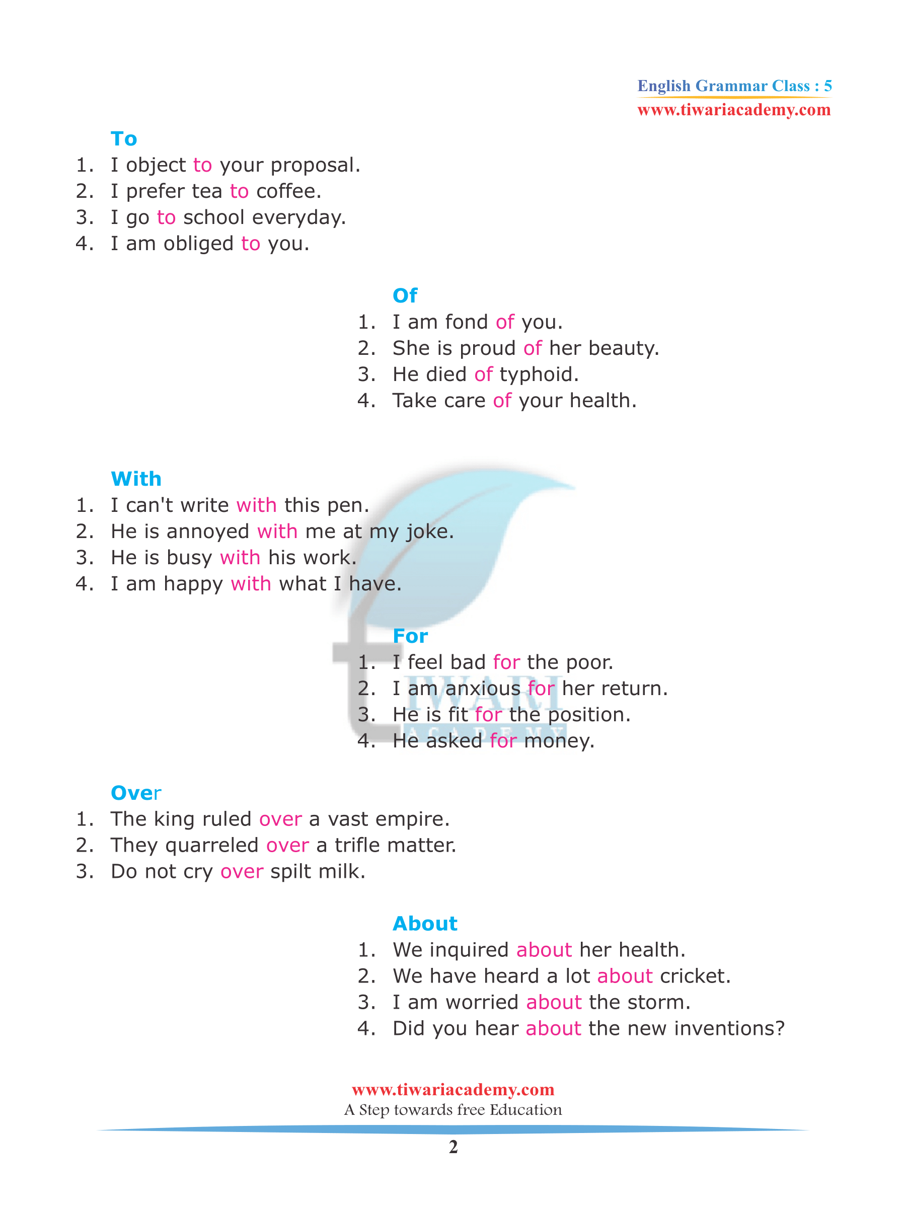 NCERT Solutions for Class 5 English Grammar Chapter 13 Prepositions