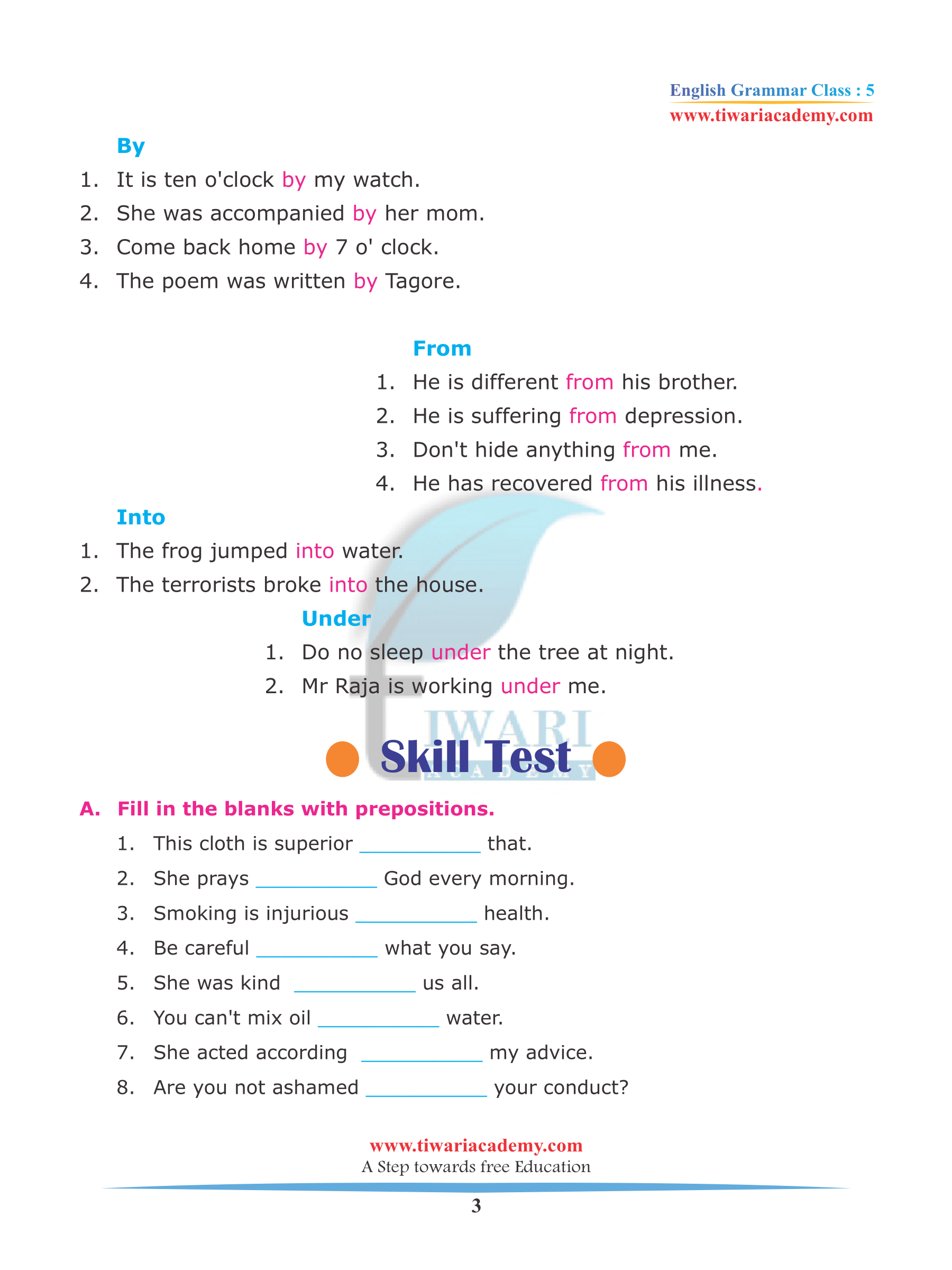 Class 5 English Grammar Chapter 13 Prepositions