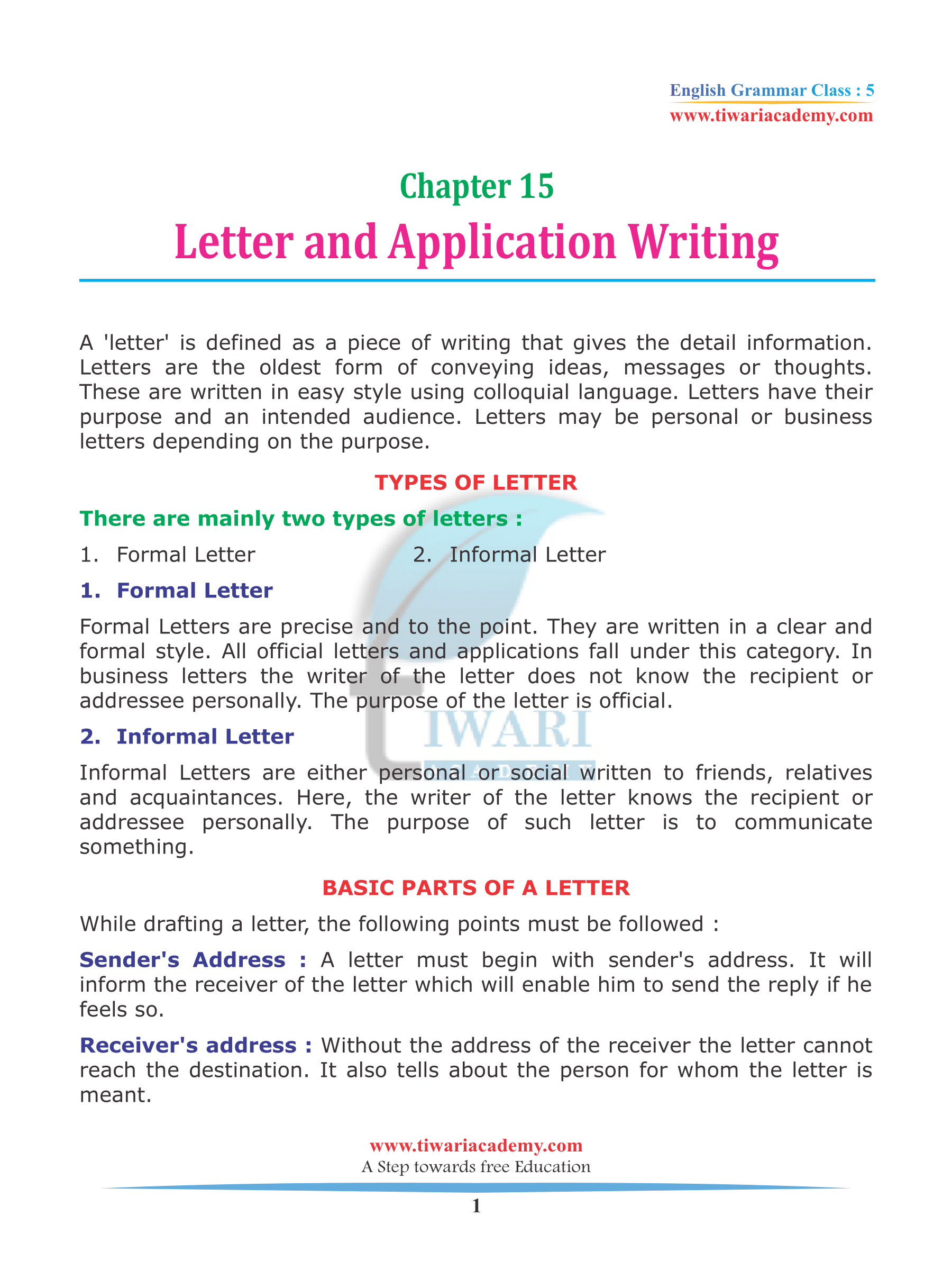 NCERT Solutions for Class 5 English Grammar Chapter 15 Letter and Application writing