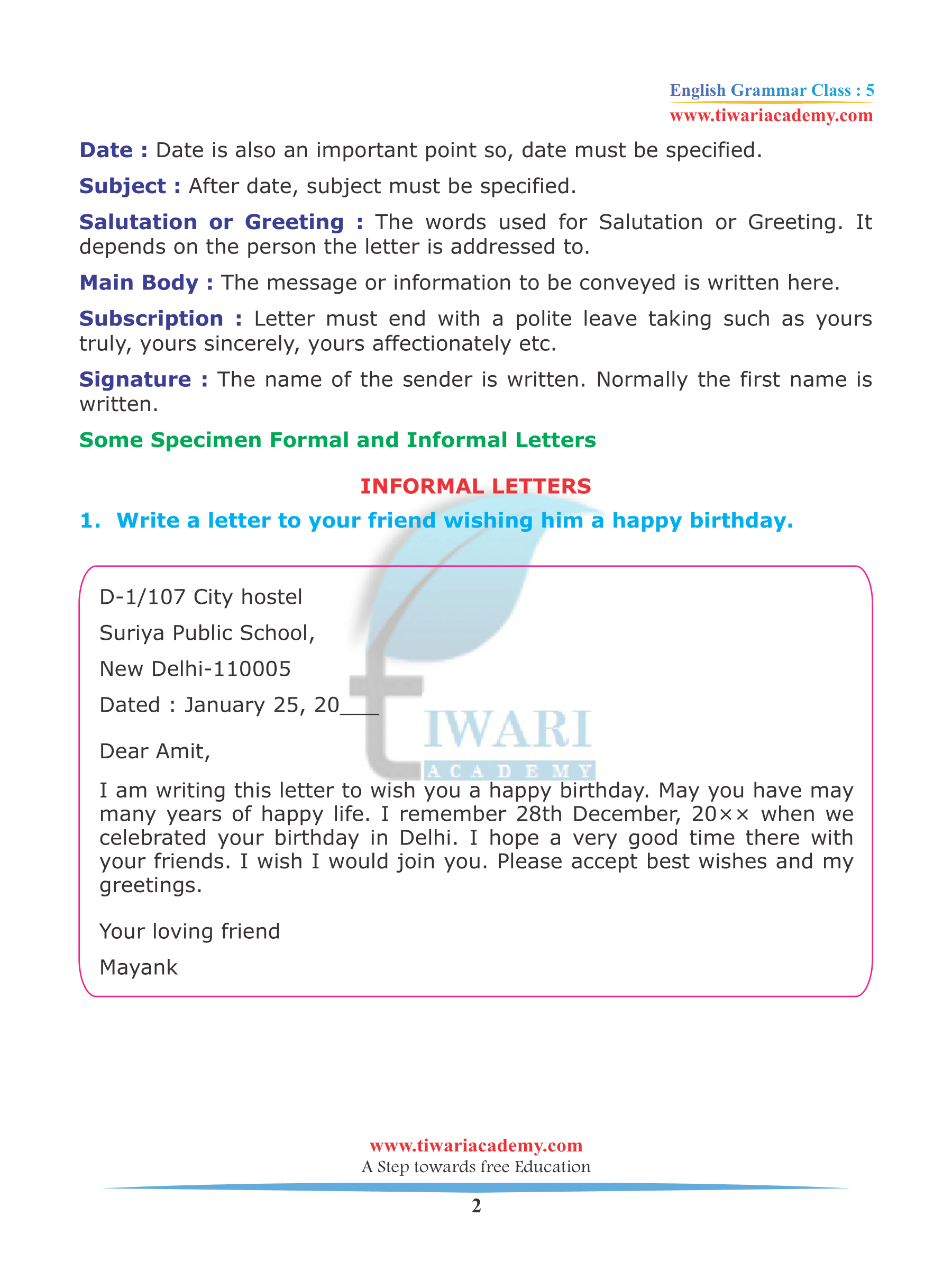 Class 5 English Grammar Chapter 15 Letter and Application writing