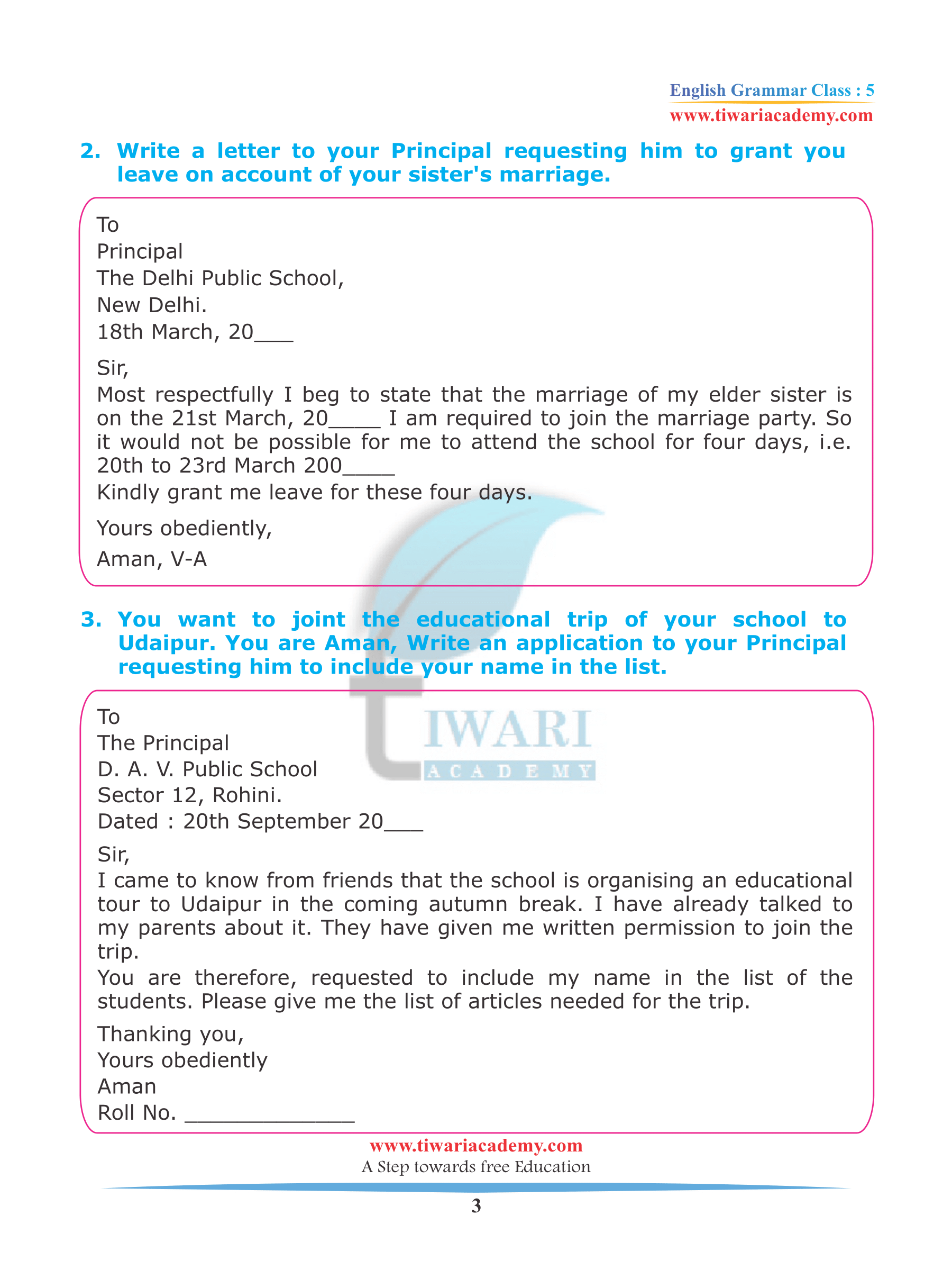 Class 5 English Grammar Chapter 15 Letter and Application writing PDF