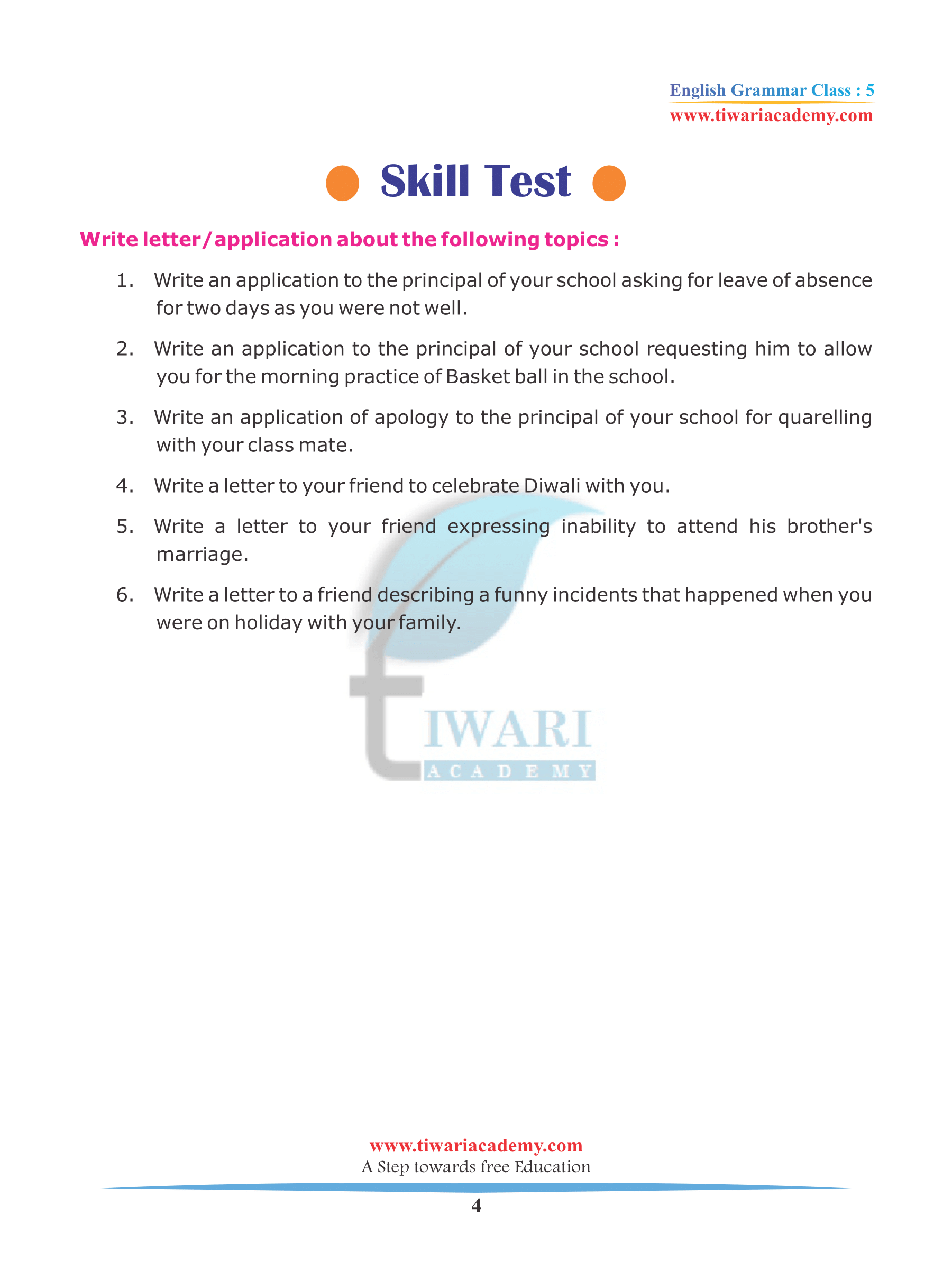 Class 5 English Grammar Chapter 15 Letter and Application writing assignments free