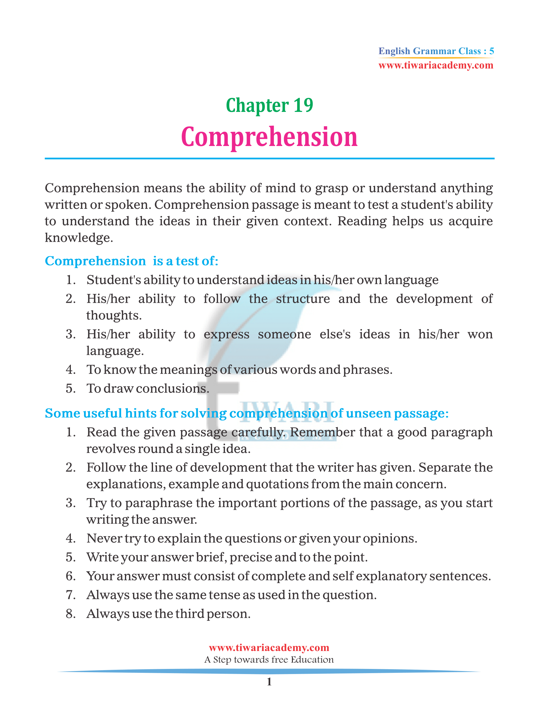 Class 5 English Grammar Chapter 19 Comprehension