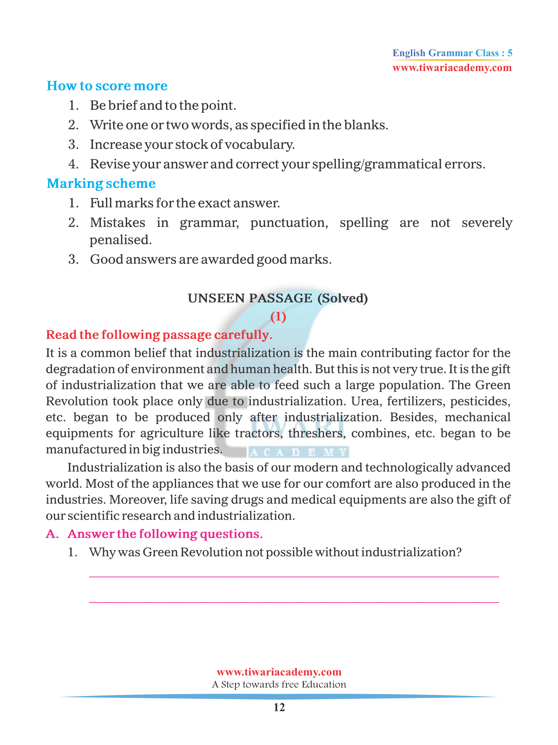 NCERT Solutions for Class 5 English Grammar Chapter 19 Comprehension PDF