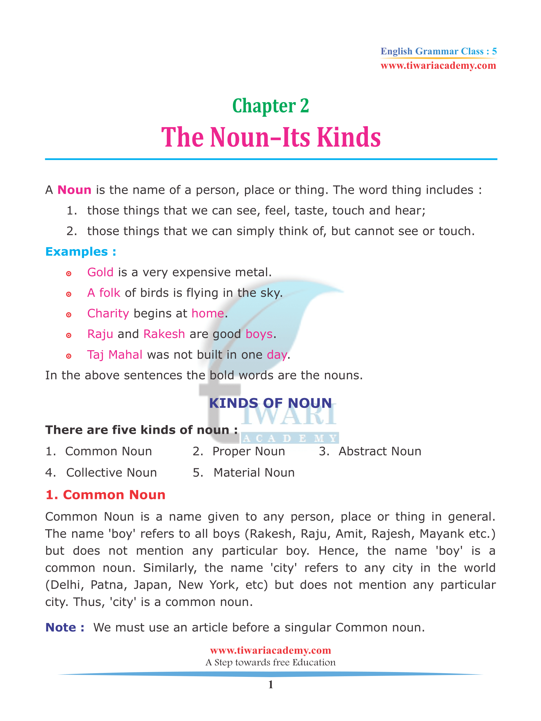 Class 5 English Grammar Chapter 2 The Noun and its Kinds