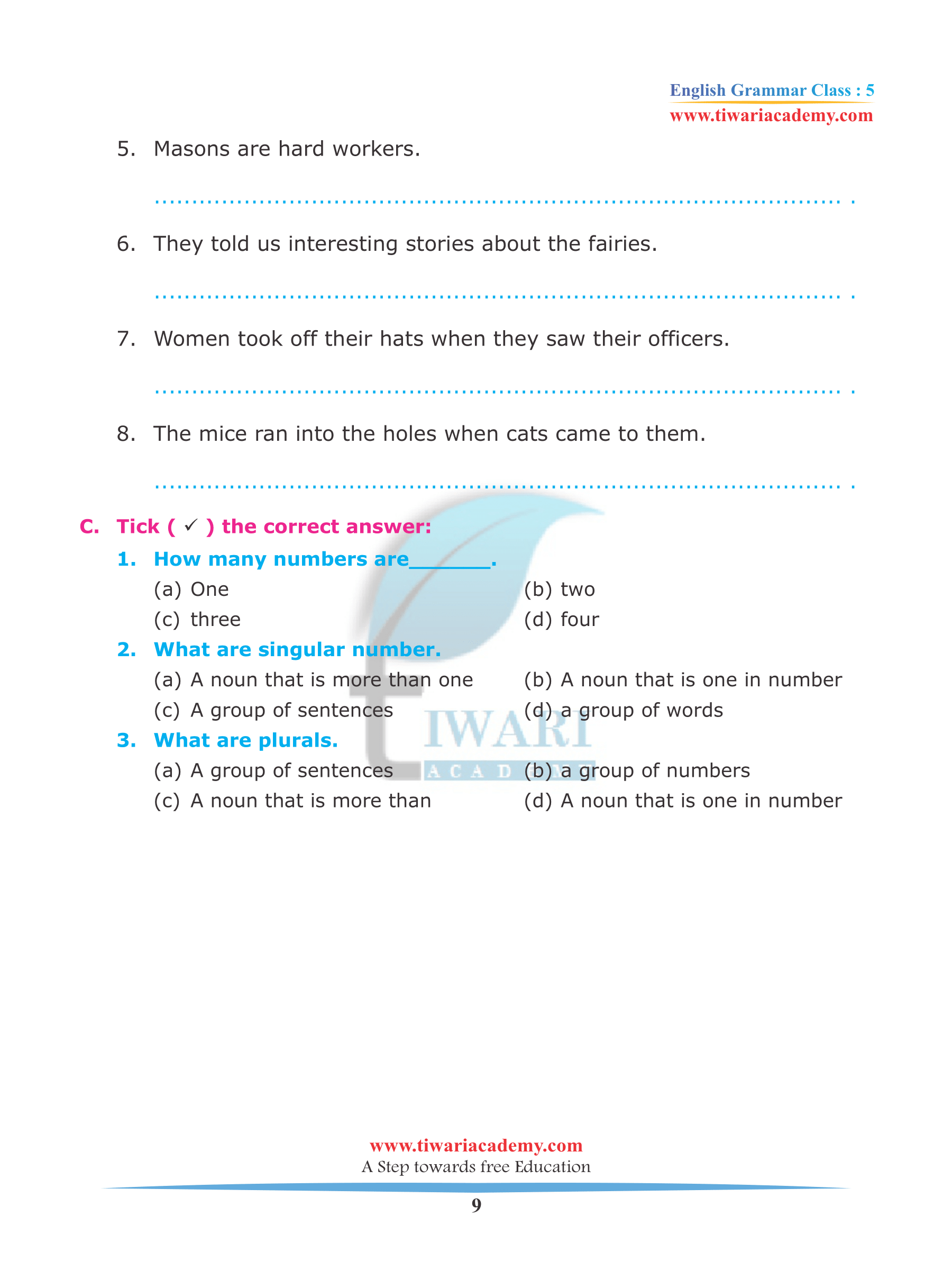 Class 5 English Grammar Chapter 3 The Noun Number with worksheet