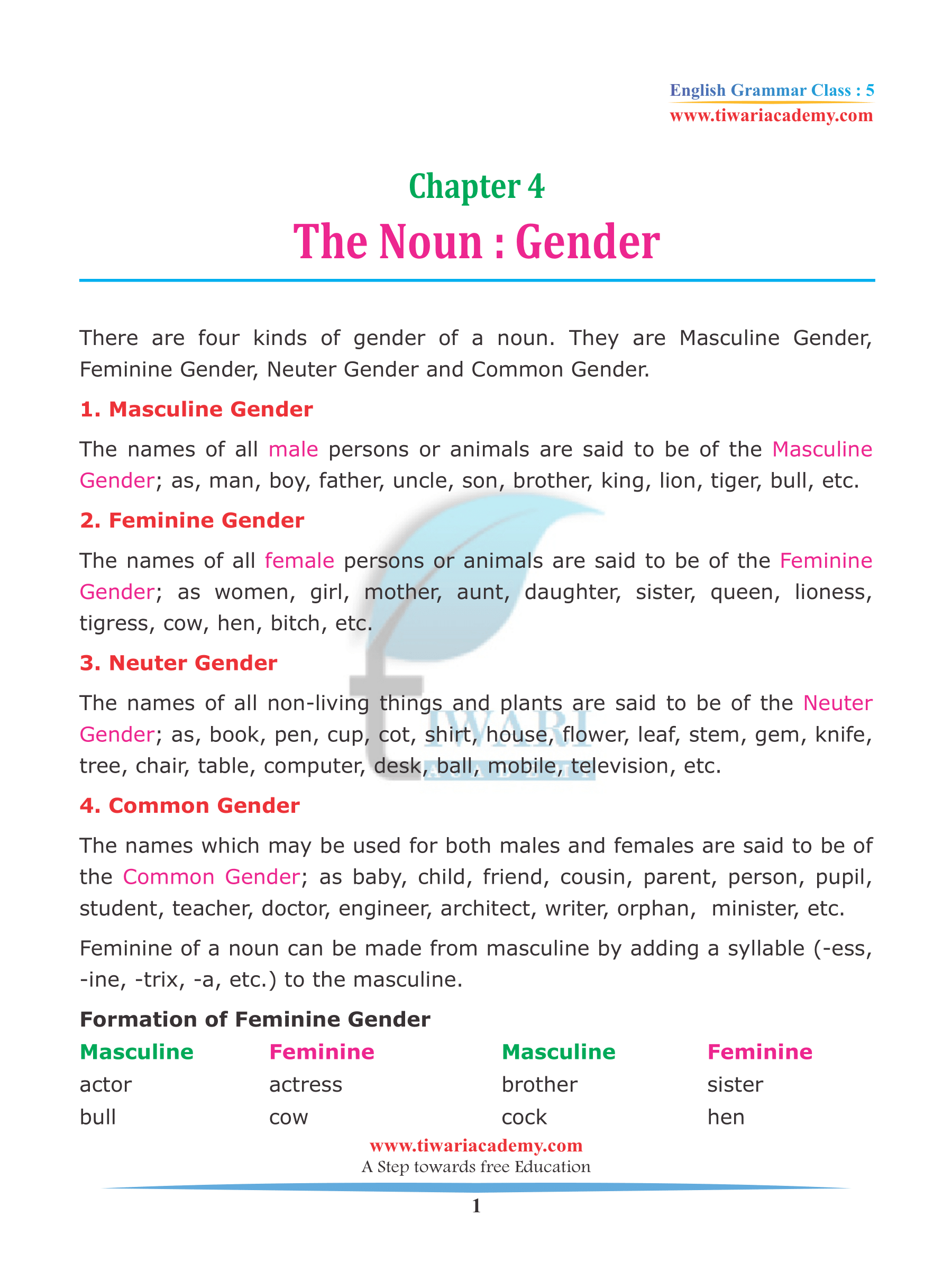 Class 5 English Grammar Chapter 4 The Noun Gender for 2022-2023.