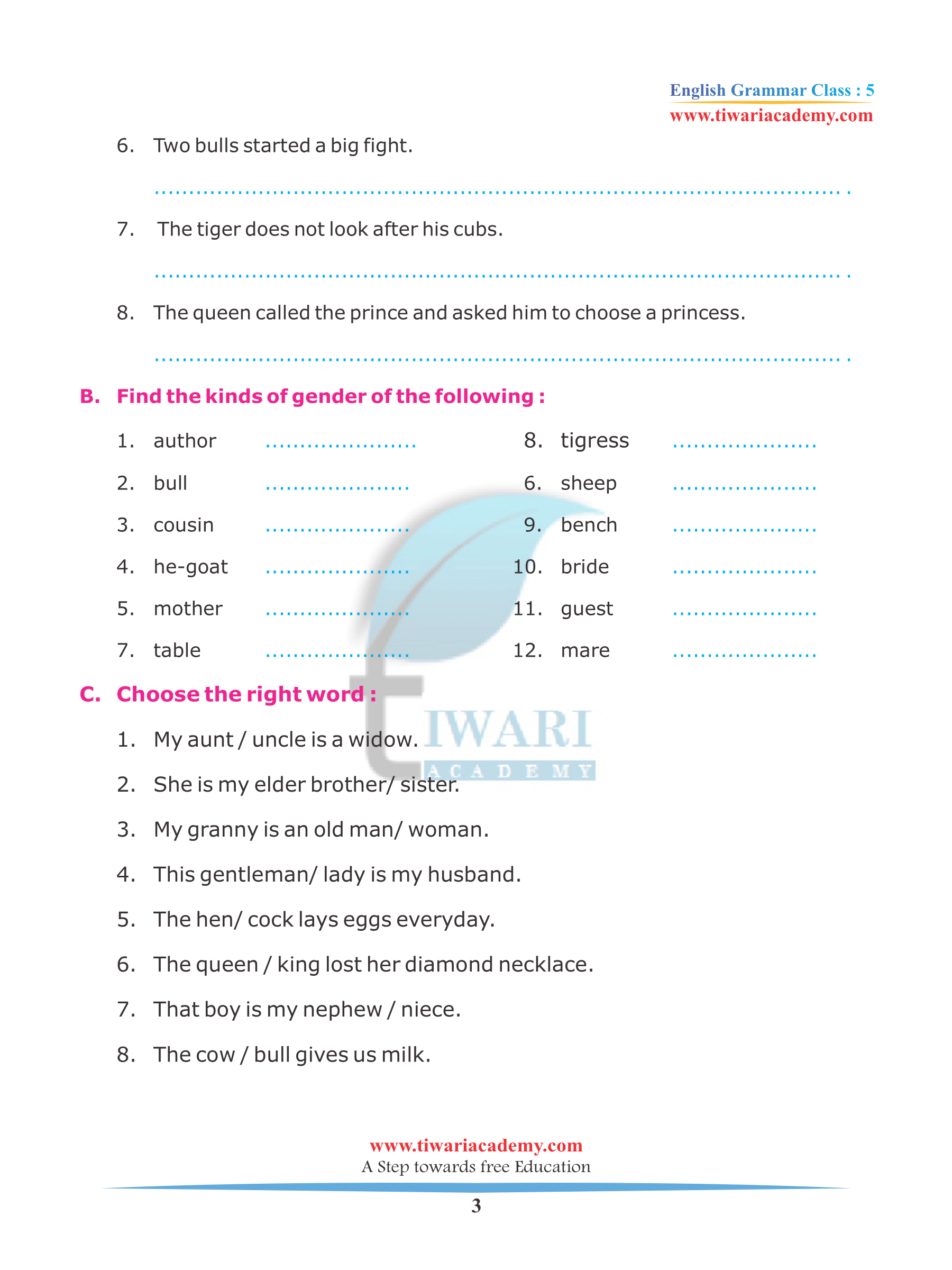 CBSE Class 5 English Grammar Chapter 4 The Noun Gender free download