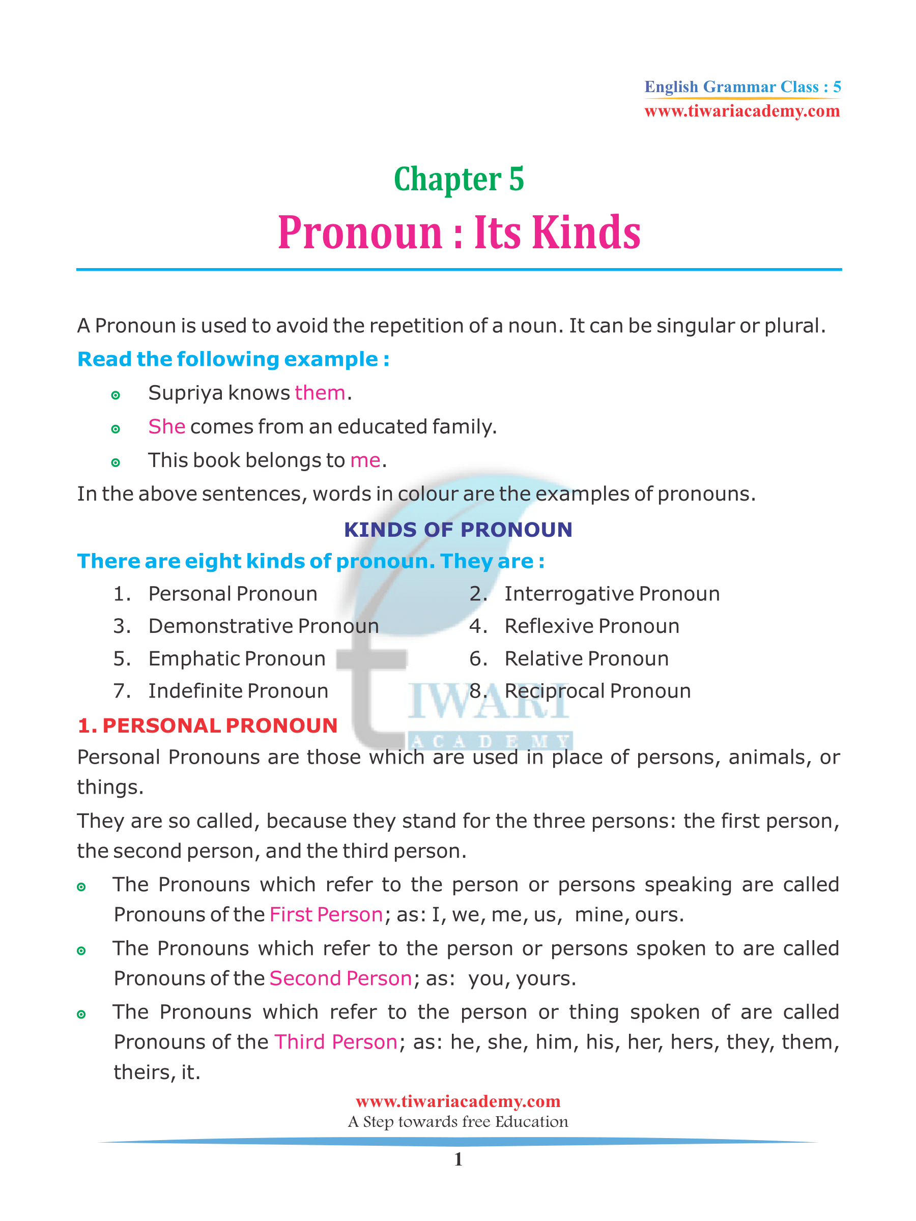 Class 5 English Grammar Chapter 5 Pronoun and its kinds for 2022-2023.