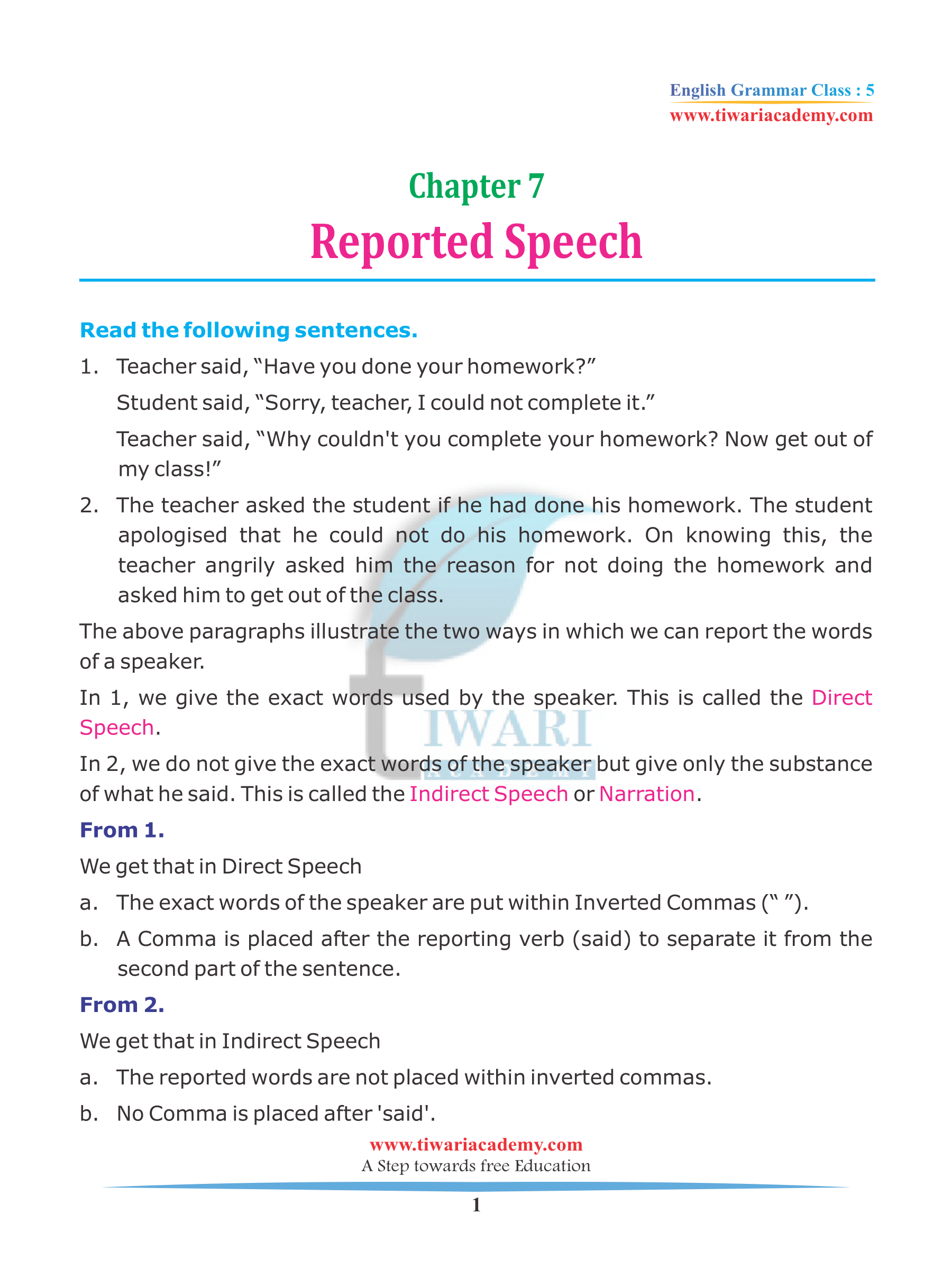 class 5 english grammar chapter 7 reported speech direct indirect