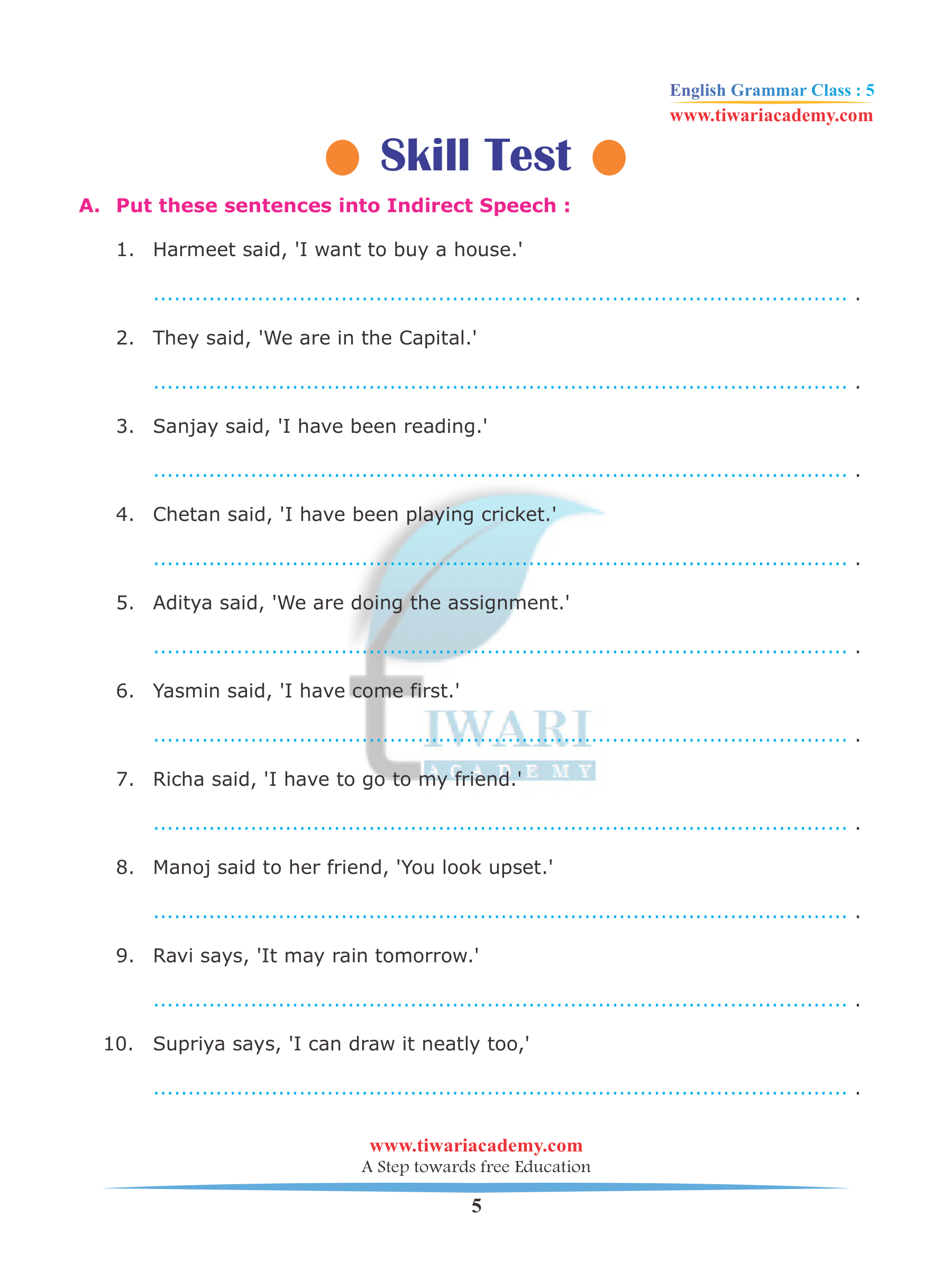 class 5 english grammar chapter 7 reported speech direct indirect