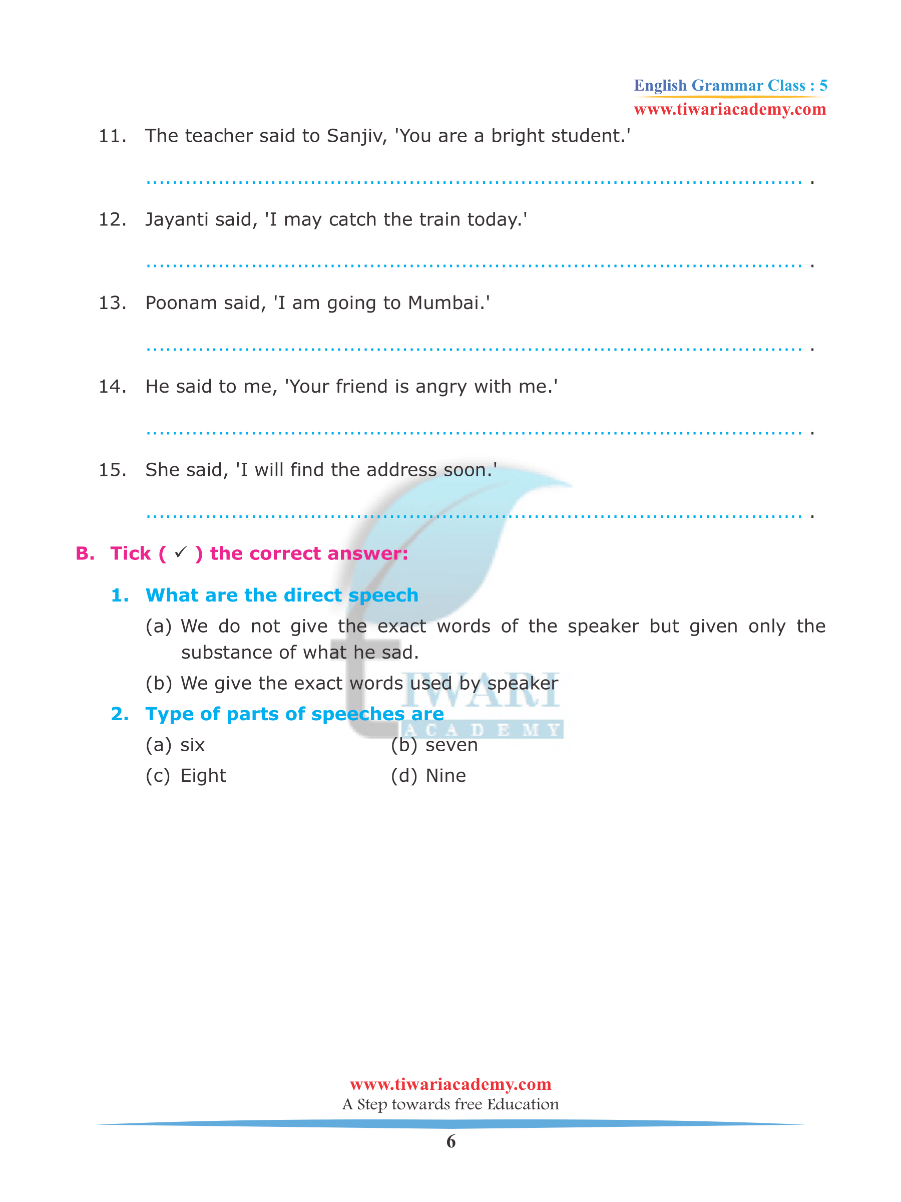 class 5 english grammar chapter 7 reported speech direct indirect