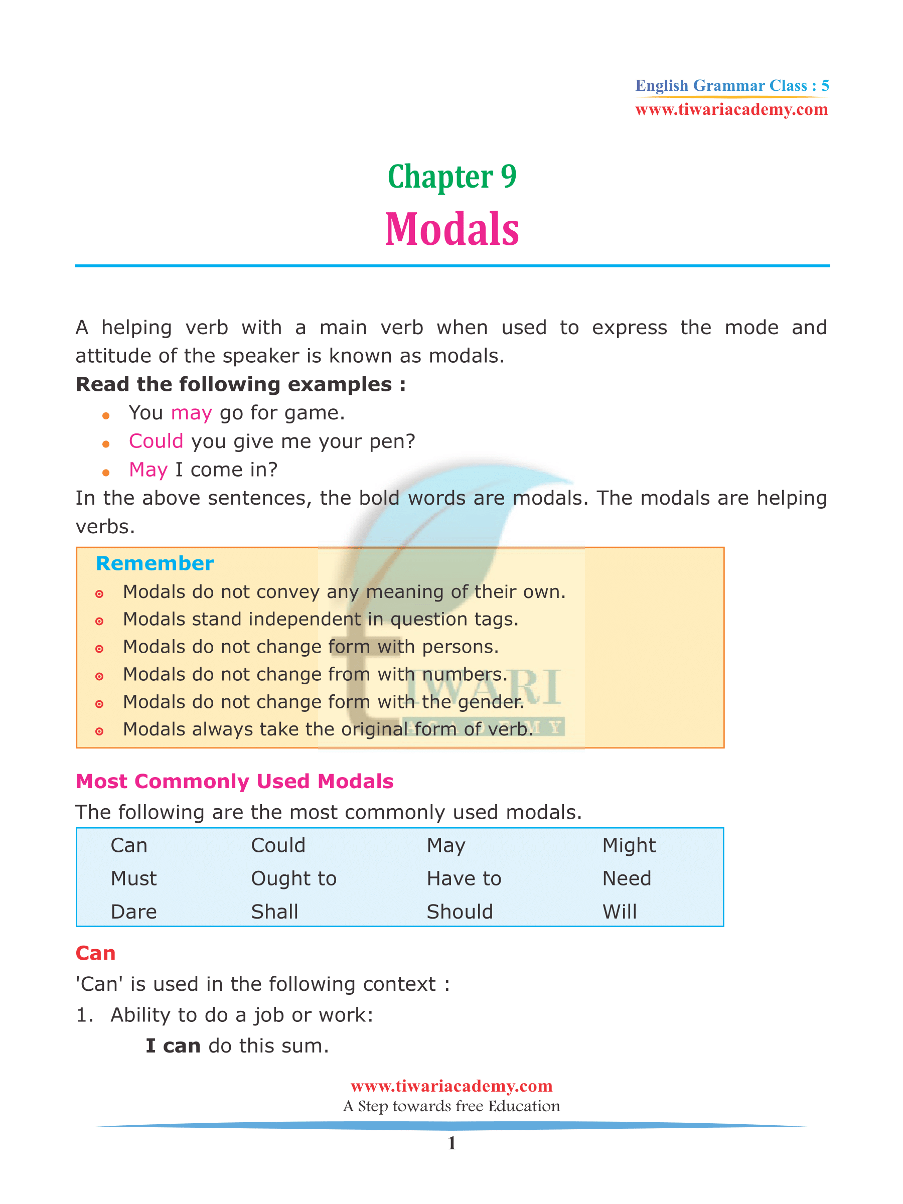 Class 5 English Grammar Chapter 9 Modals