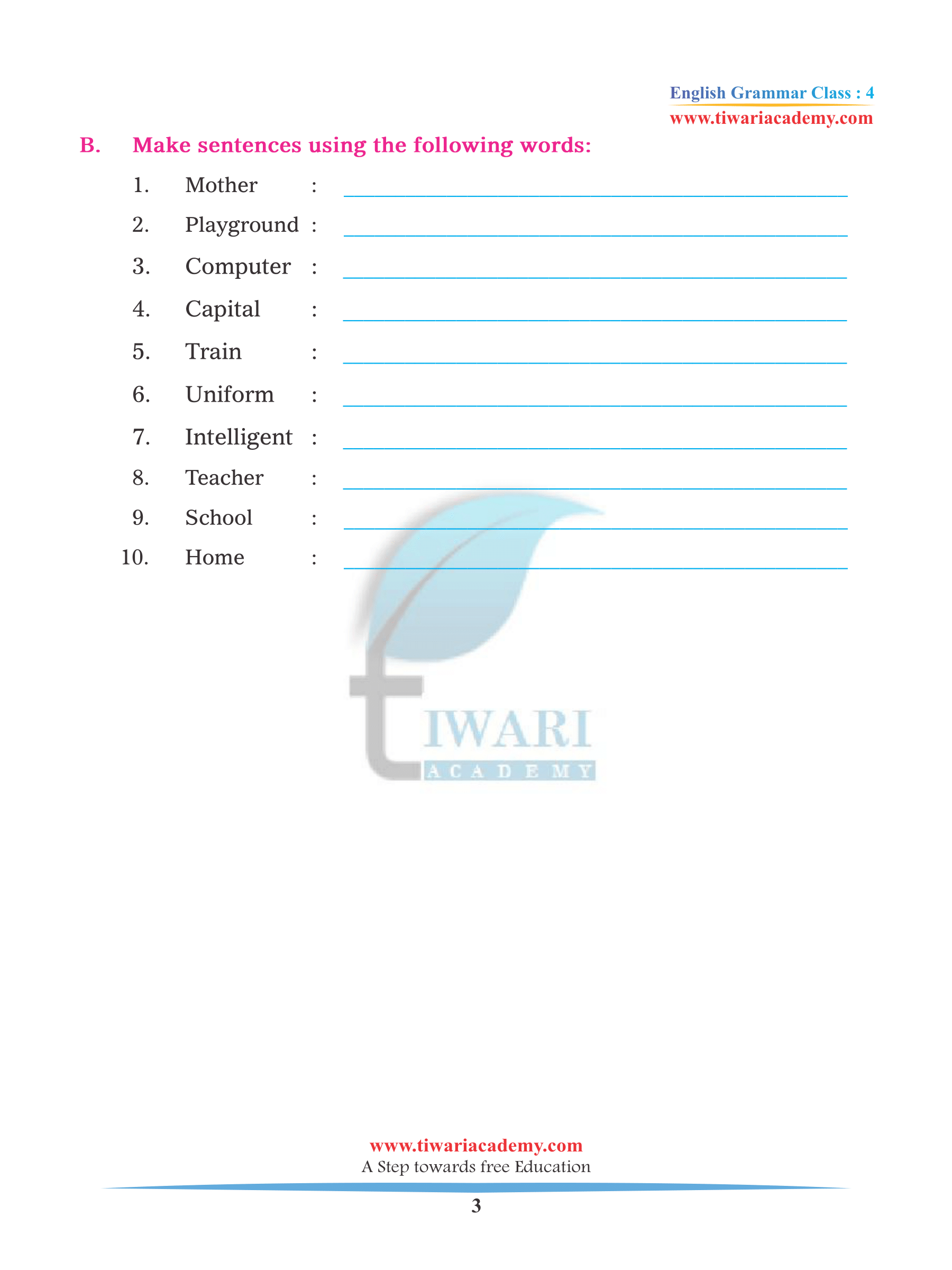 Class 4 English Grammar Chapter 1 Worksheet
