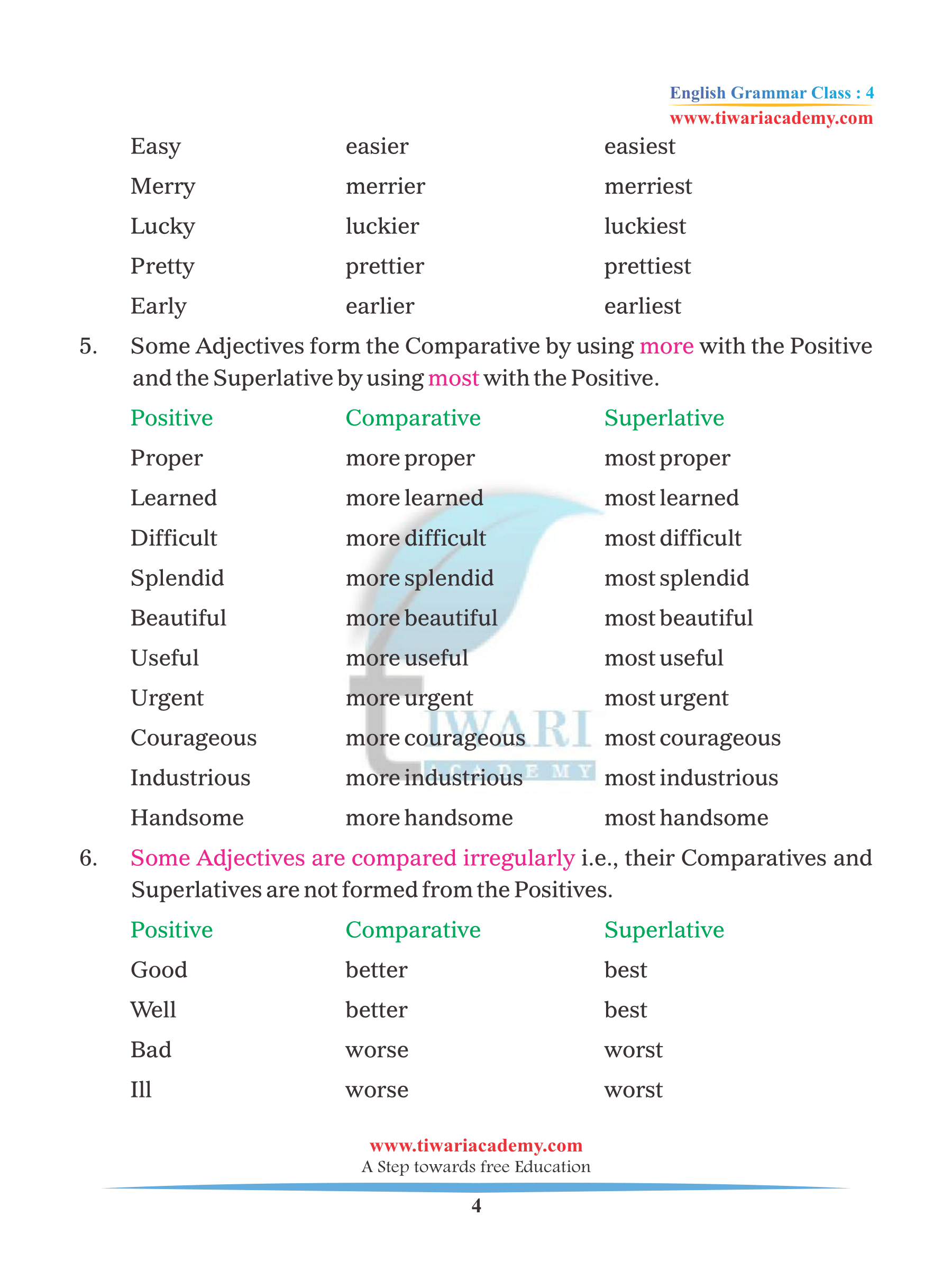 Class 4 English Grammar Chapter 10 Adjective their comparison in PDF