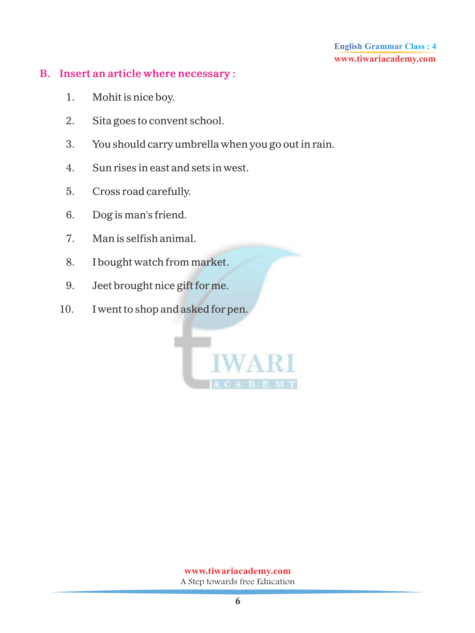 Cbse Ncert Class 4 English Grammar Chapter 11 Articles In Pdf Format