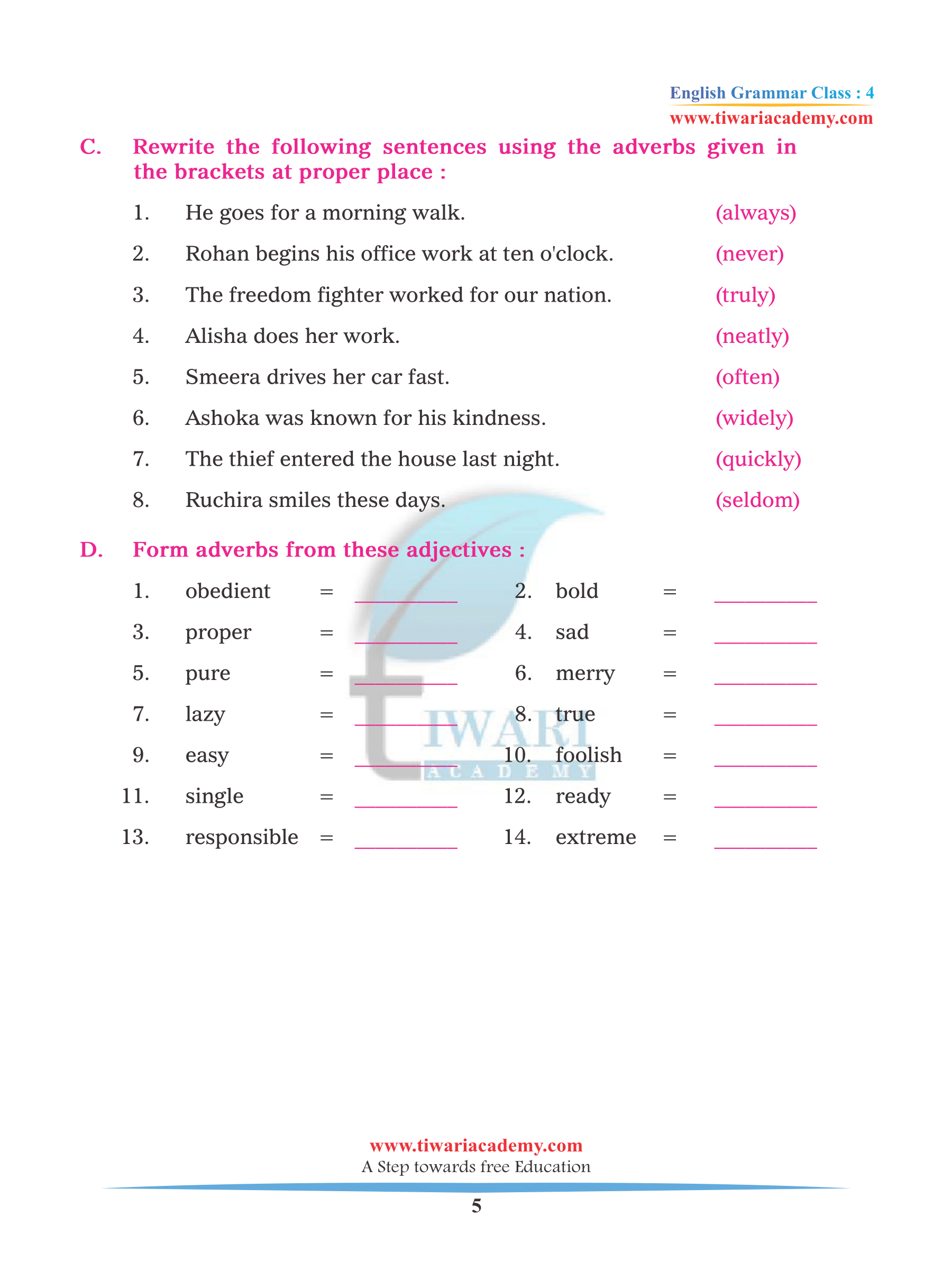 Free Solutions Class 4 English Grammar Chapter 12 Adverb