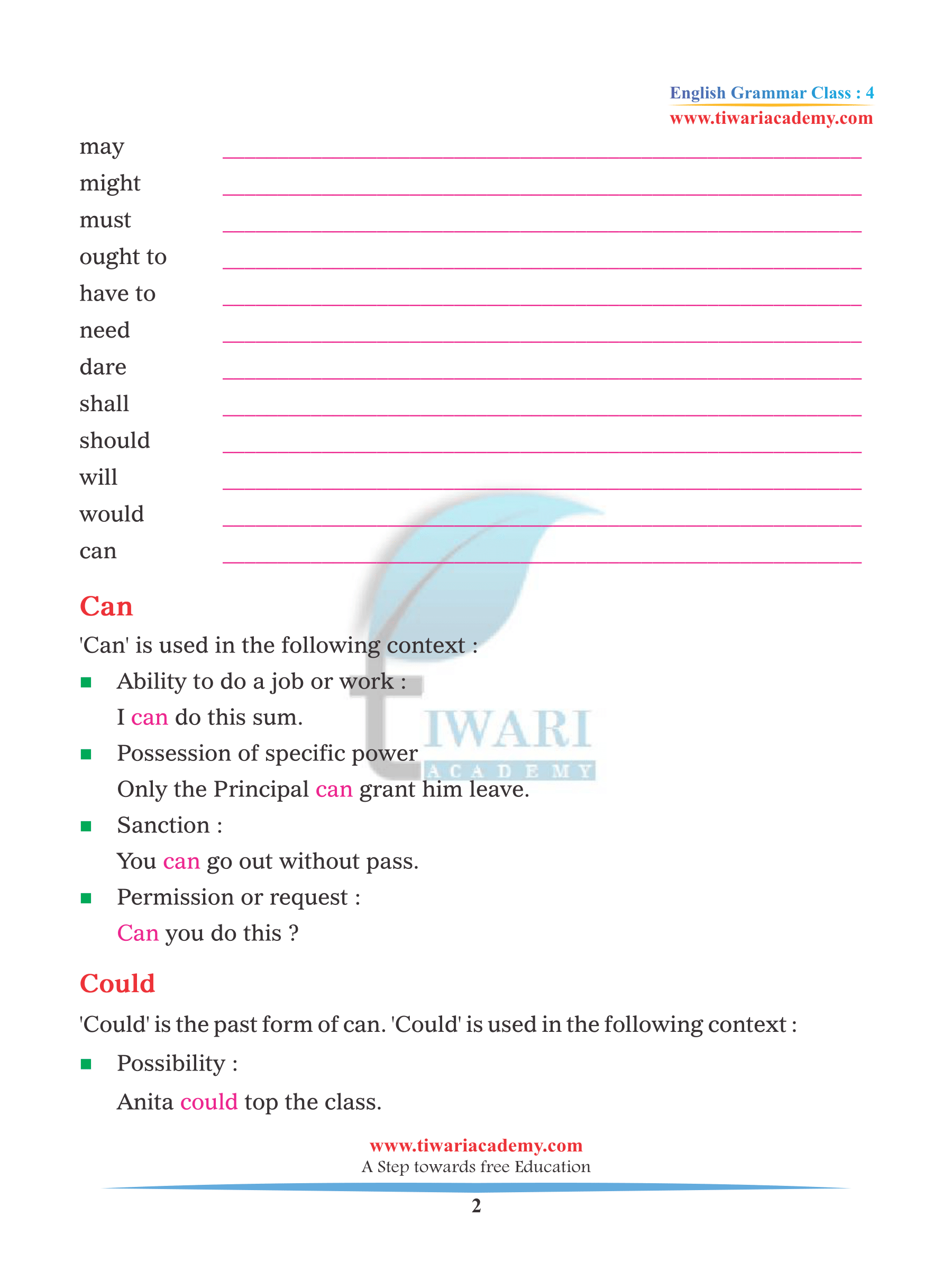 Class 4 English Grammar Chapter 13 Modals