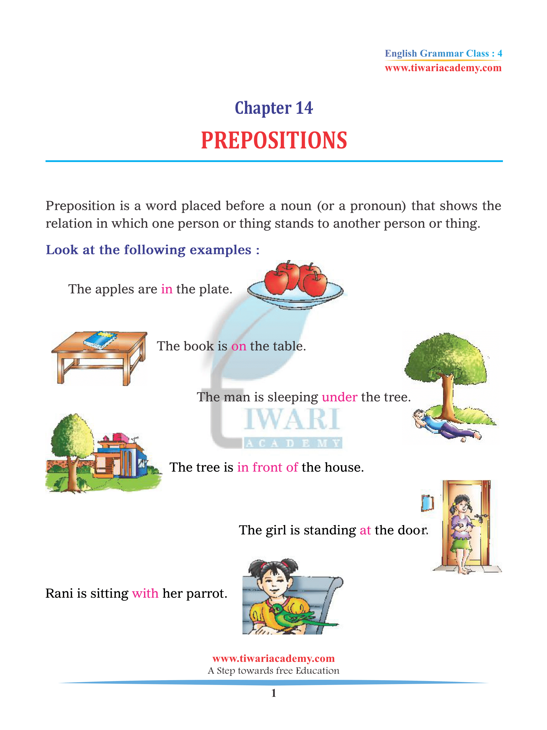 cbse ncert class 4 english grammar chapter 14 prepositions in pdf