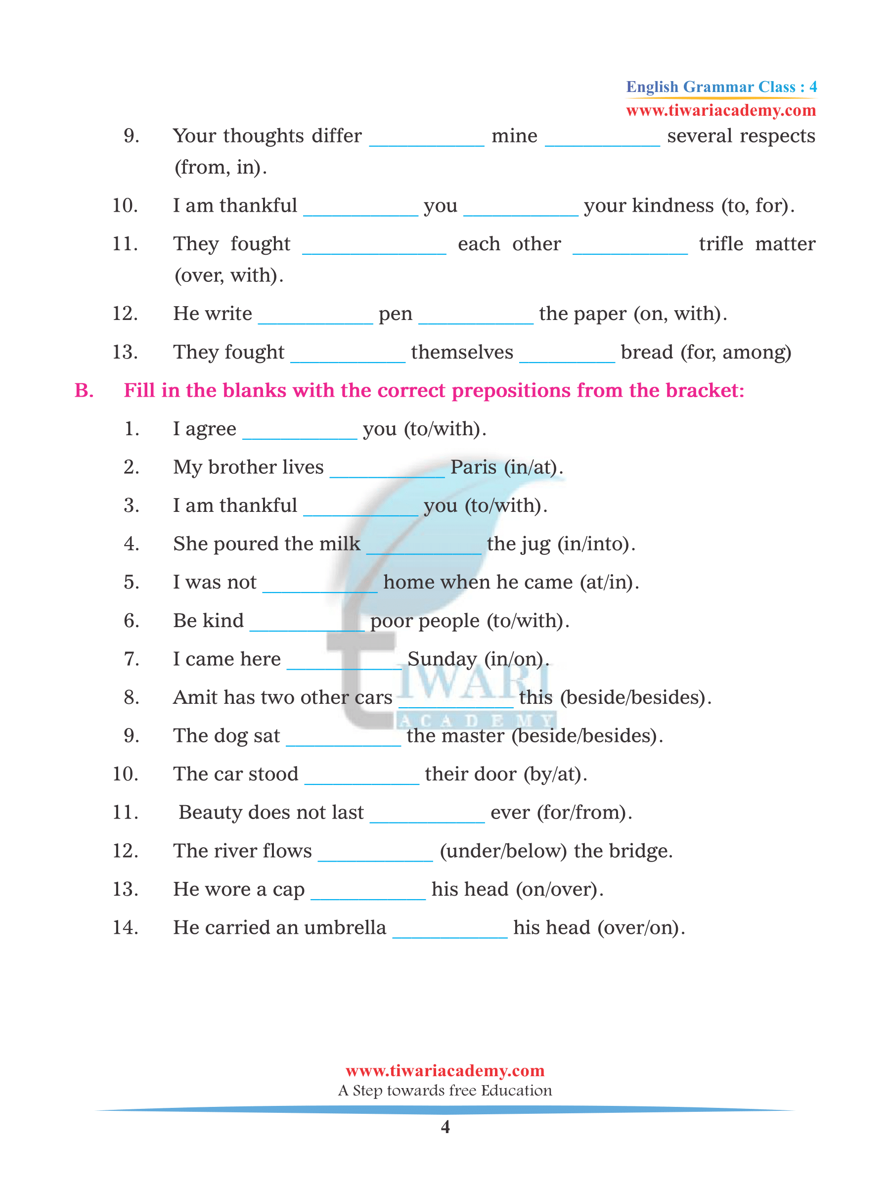 cbse ncert class 4 english grammar chapter 14 prepositions in pdf