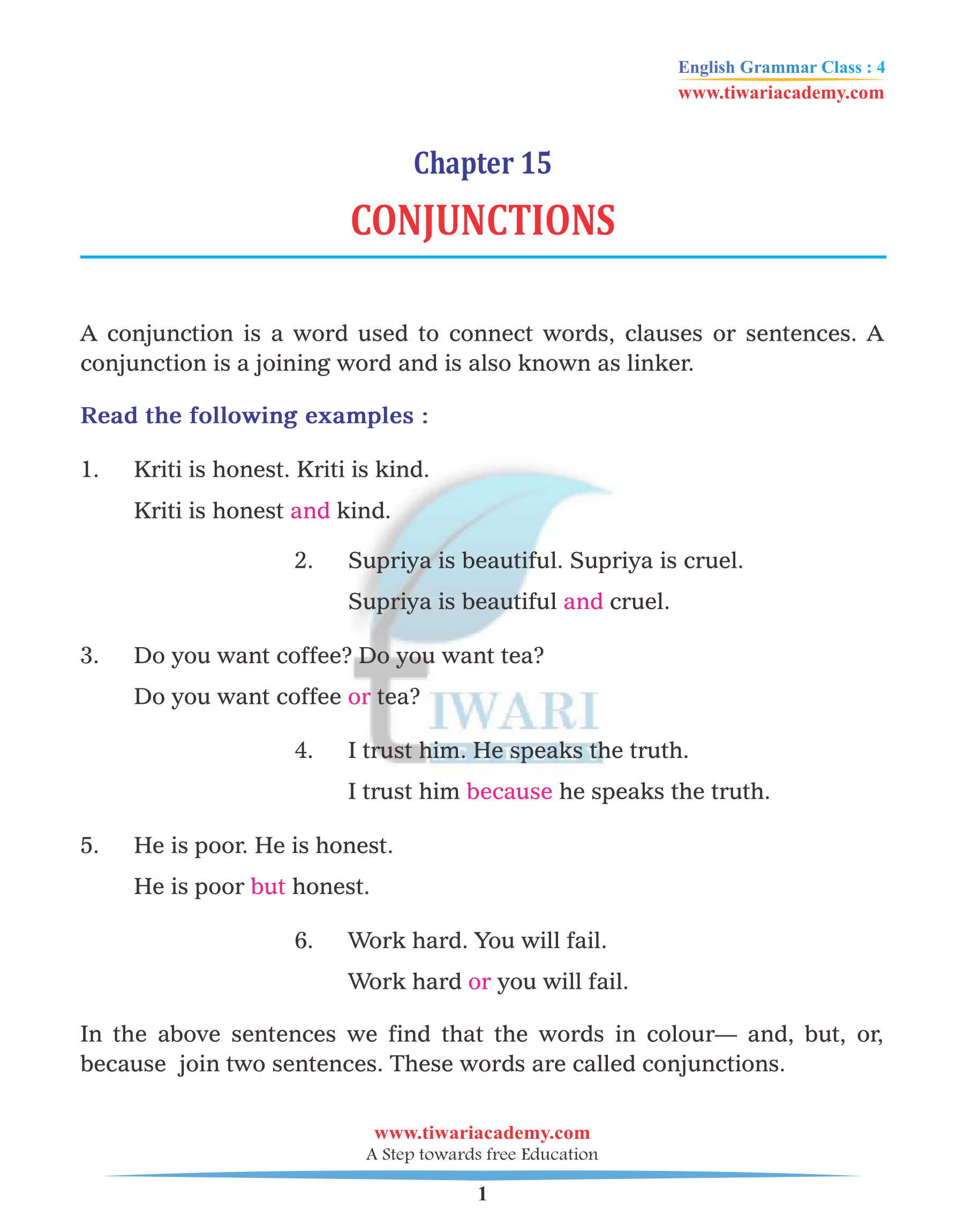 Class 4 English Grammar Chapter 15 Conjunctions