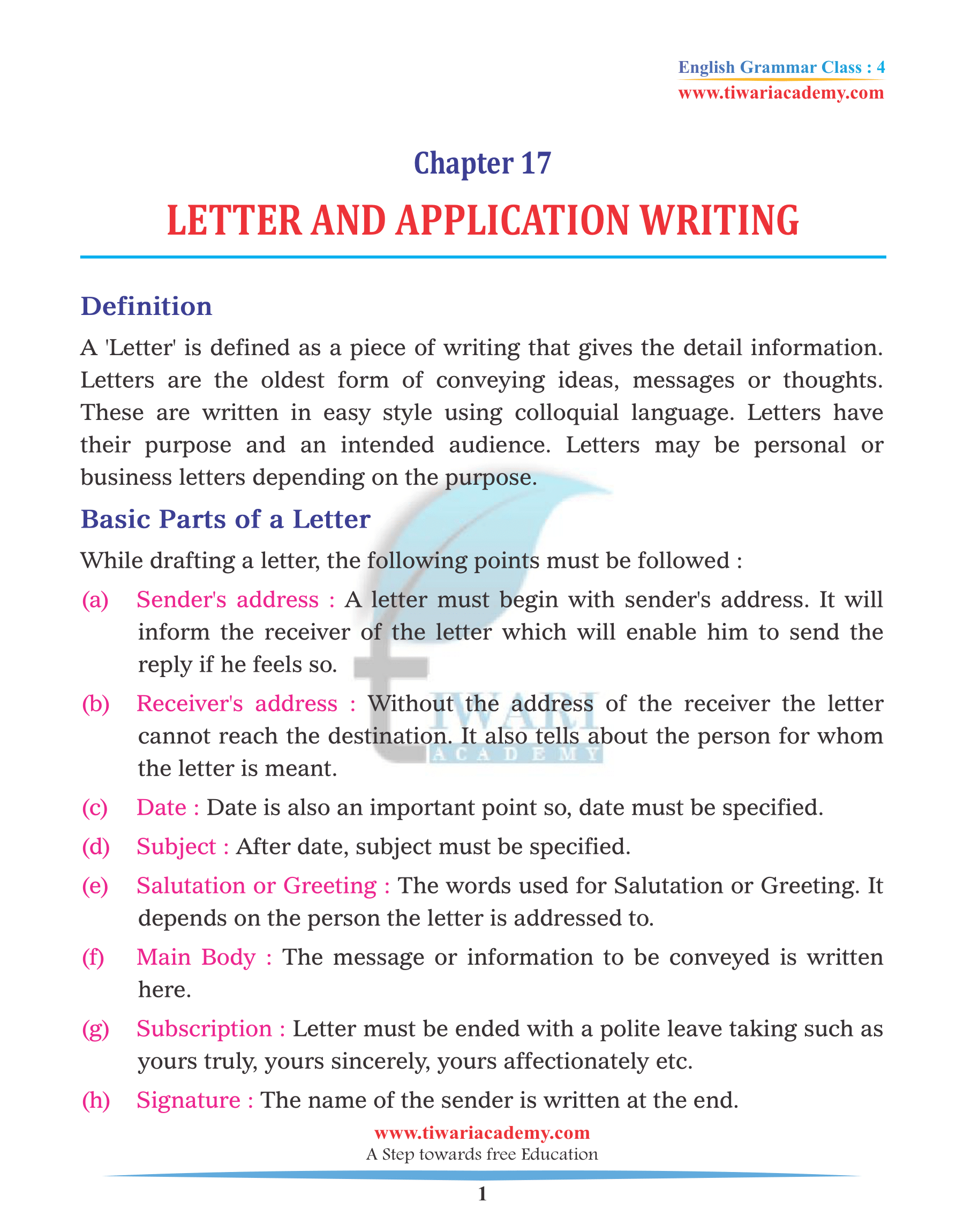 CBSE Class 4 English Grammar Chapter 17 Letter and Application Writing