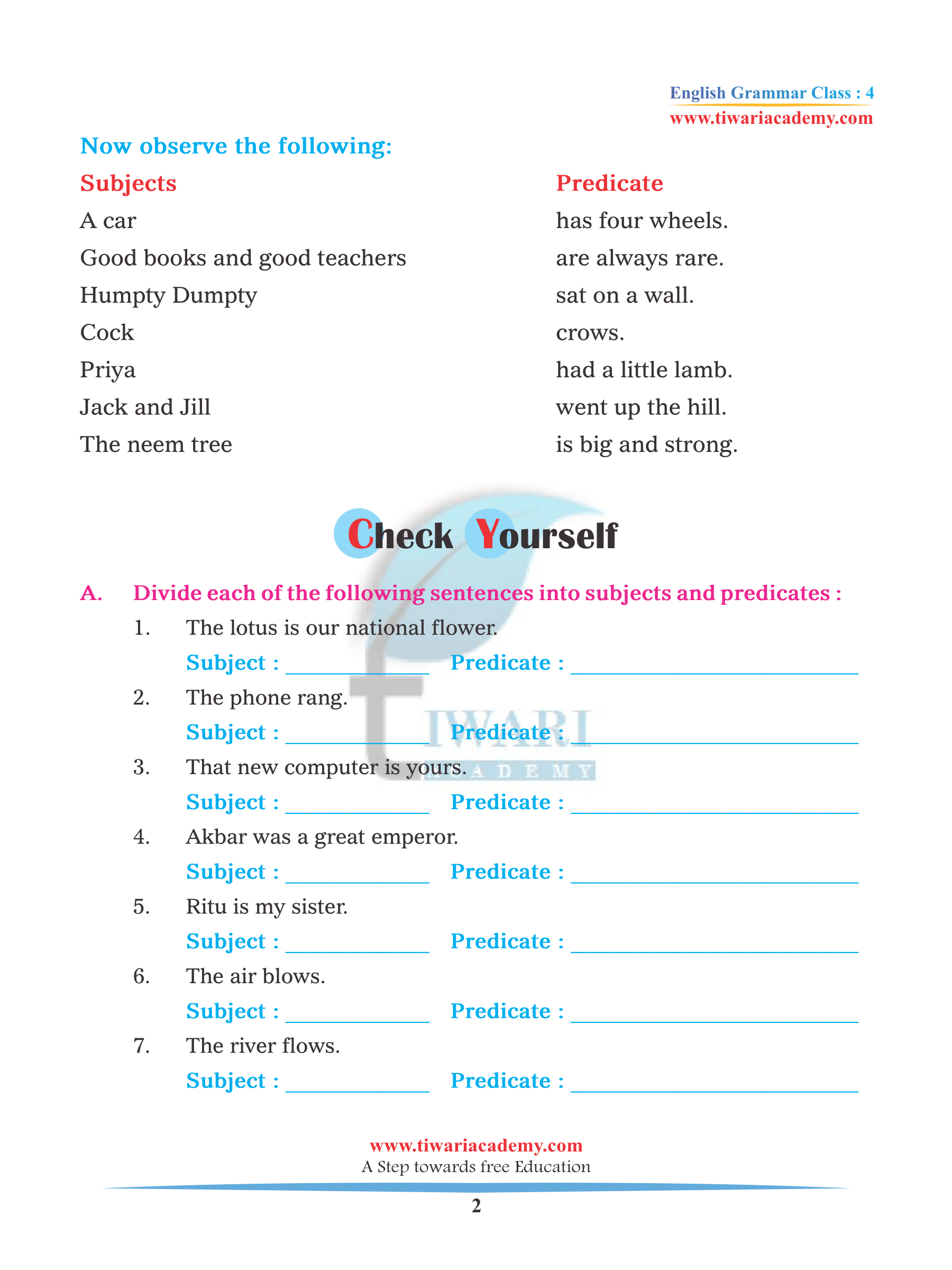 Class 4 English Grammar Chapter 2 Parts of a Sentence