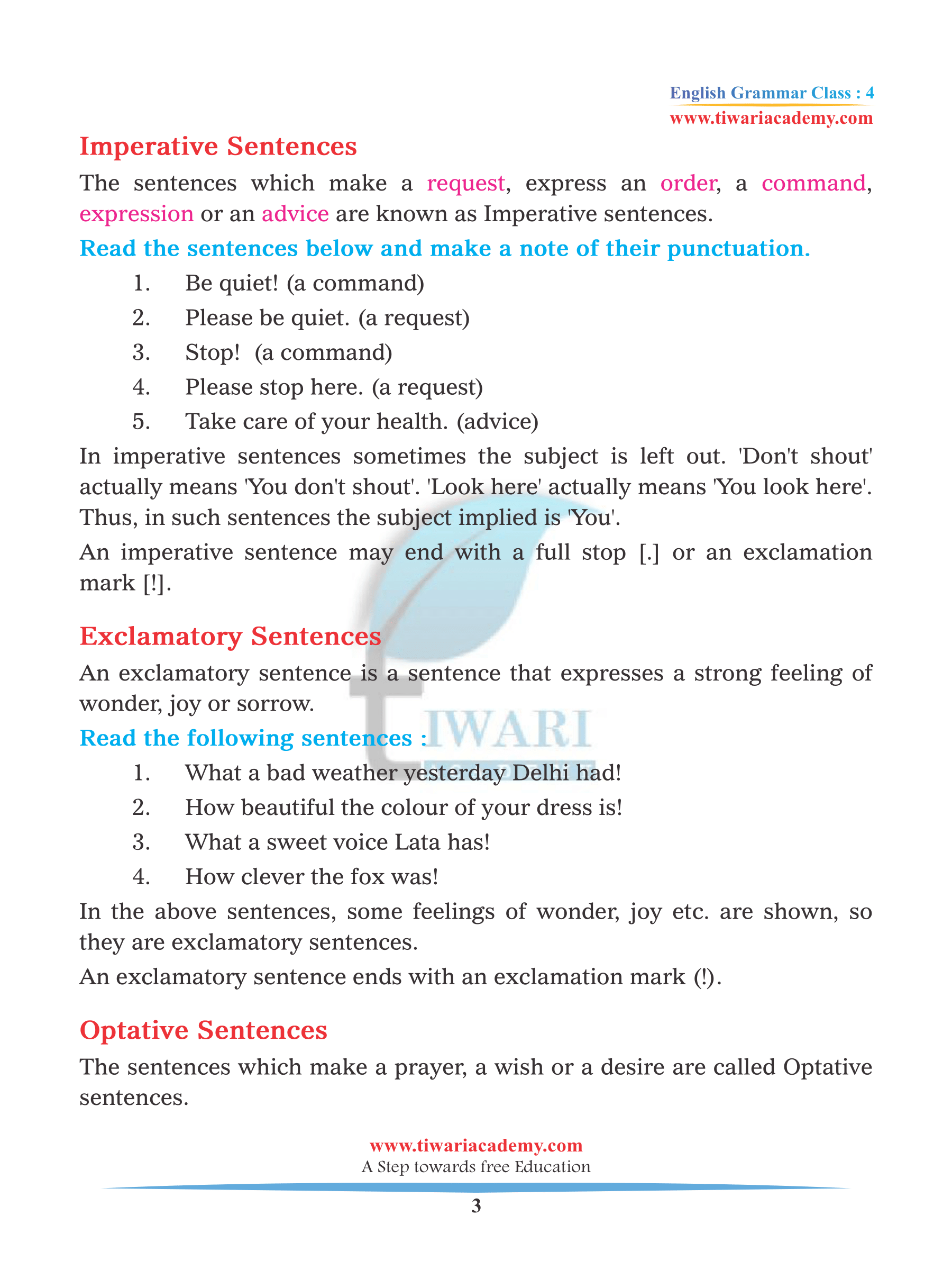 Class 4 Grammar Kinds of Sentence