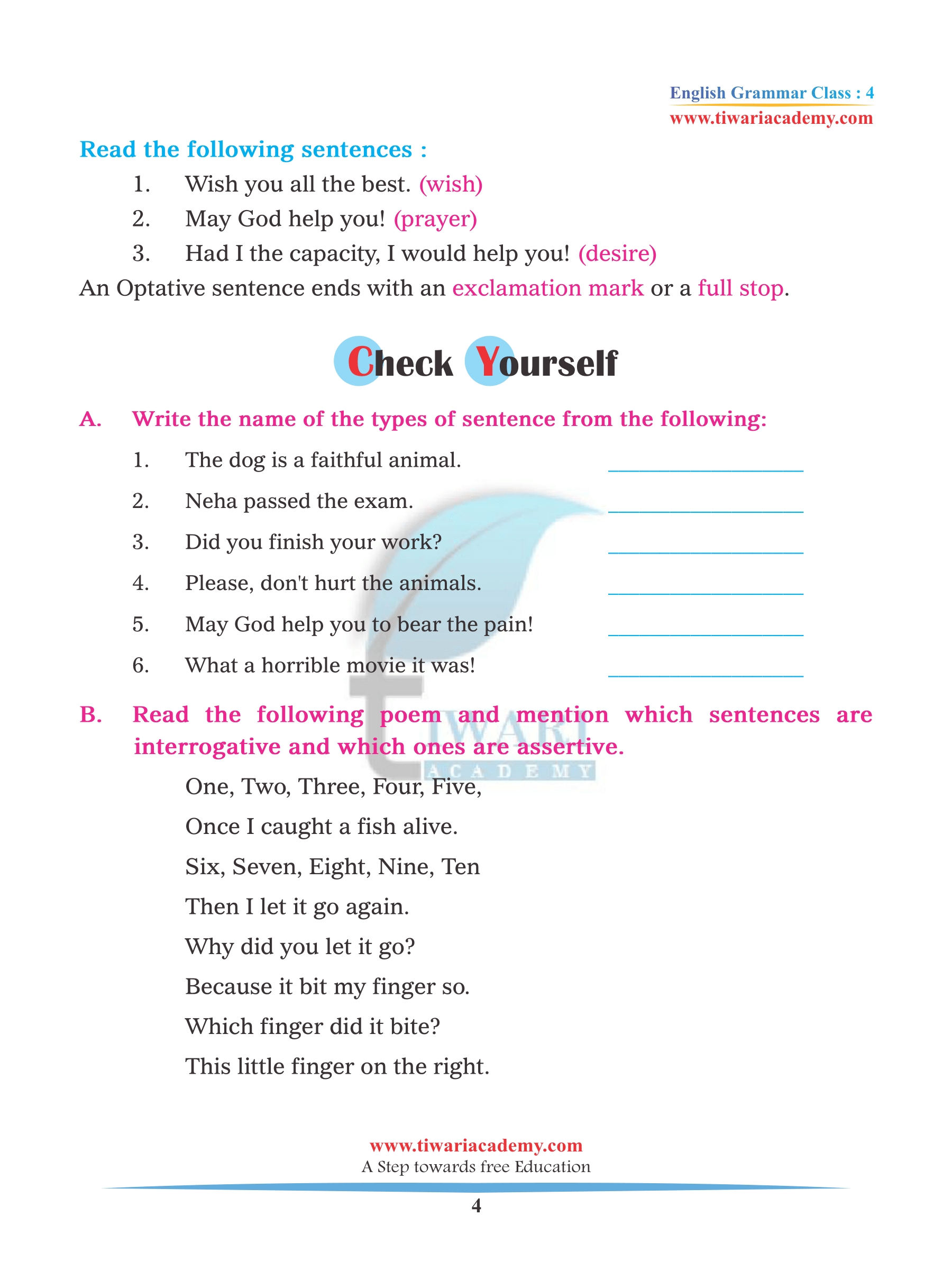 CBSE Class 4 English Grammar Chapter 3 Kinds of Sentence assignments