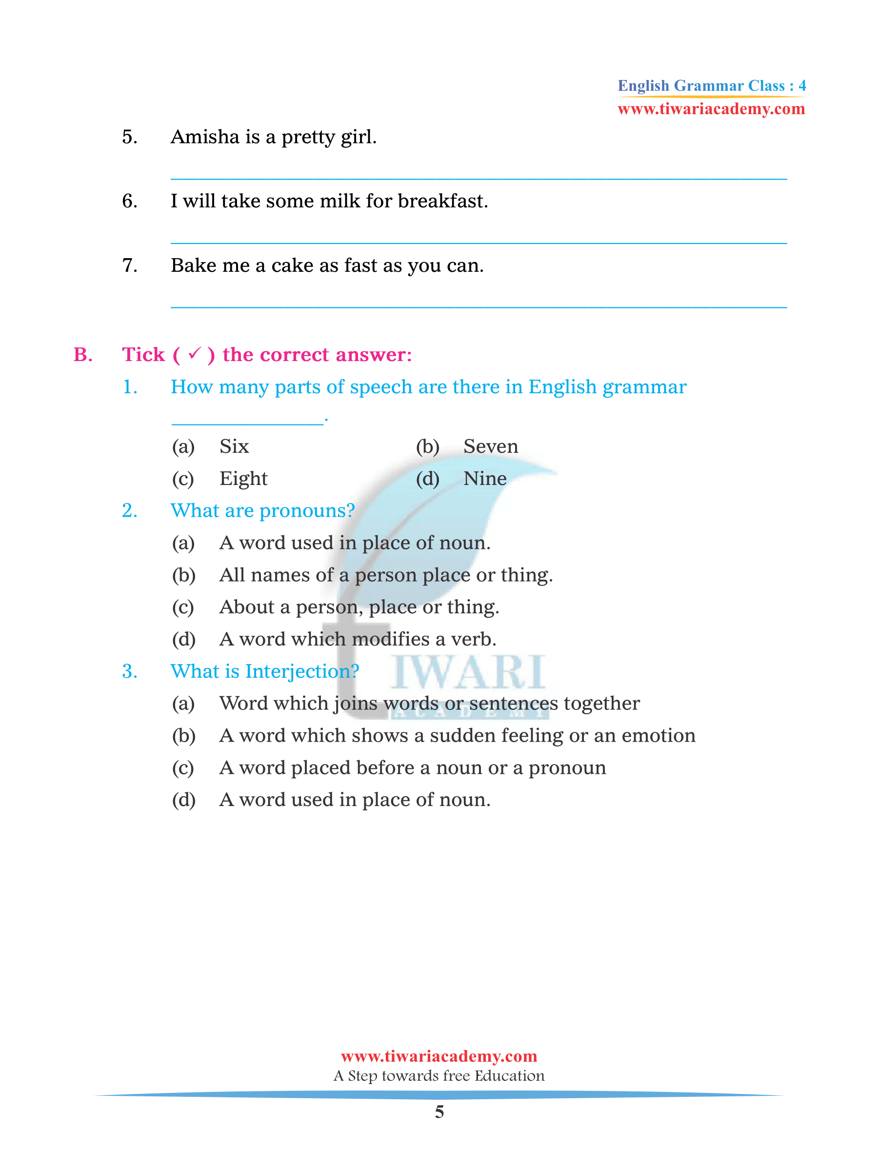 Class 4 English Grammar Chapter 4 assignments