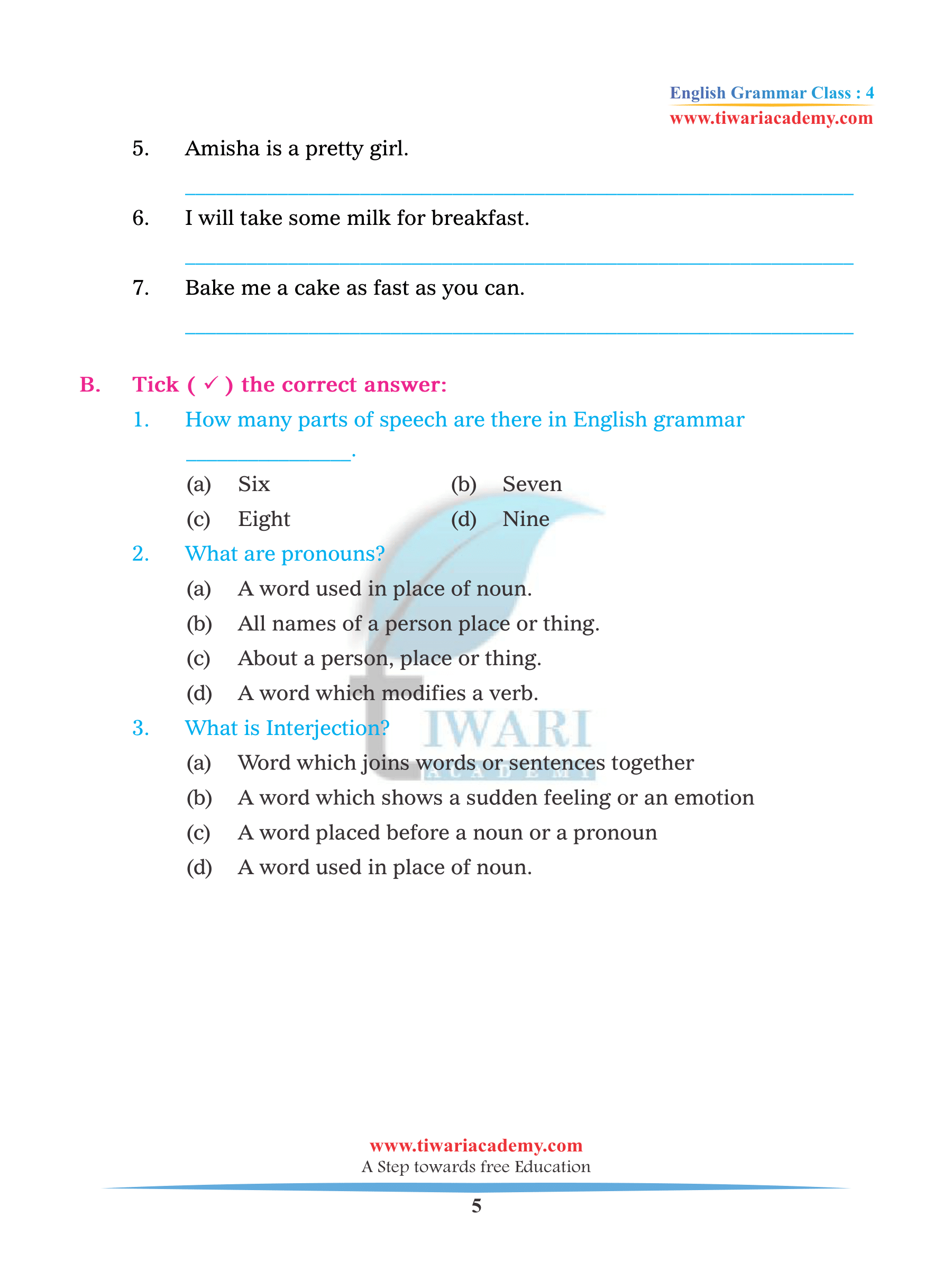 english grammar assignment for class 6