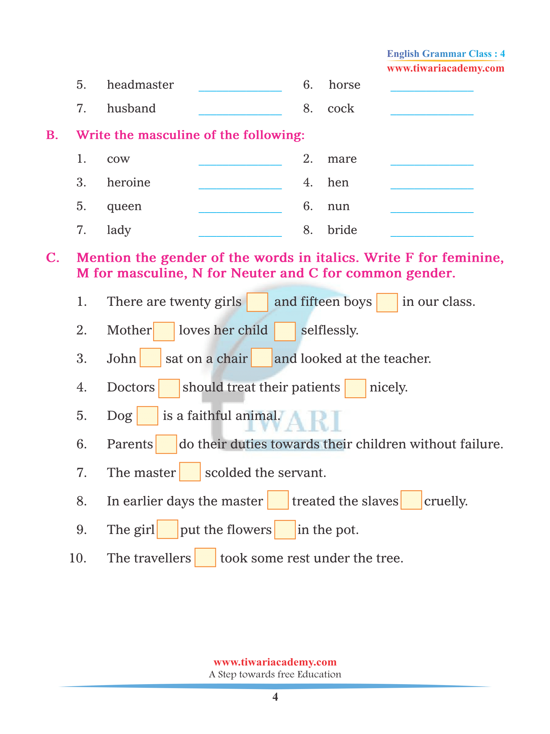 Class 4 English Grammar Chapter 6 assignments