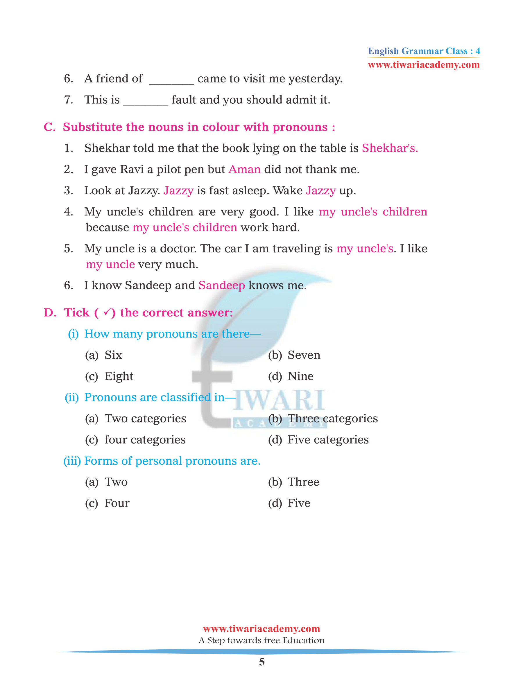 Class 4 English Grammar Chapter 7 Pronoun assignments
