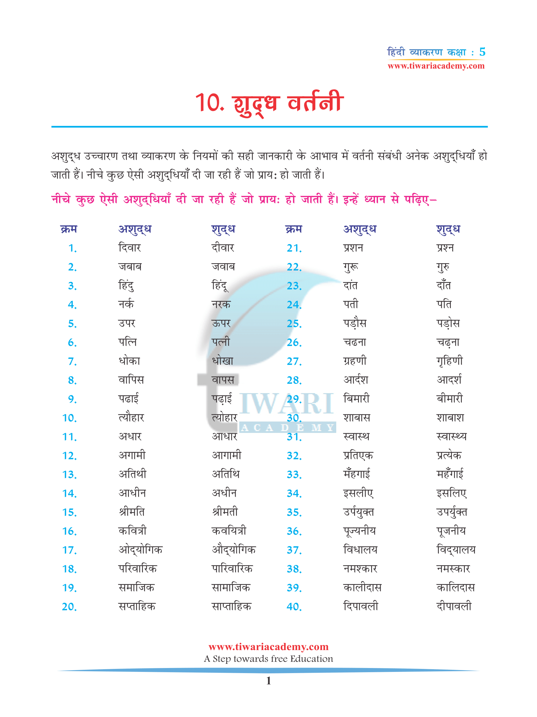 Class 5 Hindi Grammar Chapter 10 Shuddh Vartani