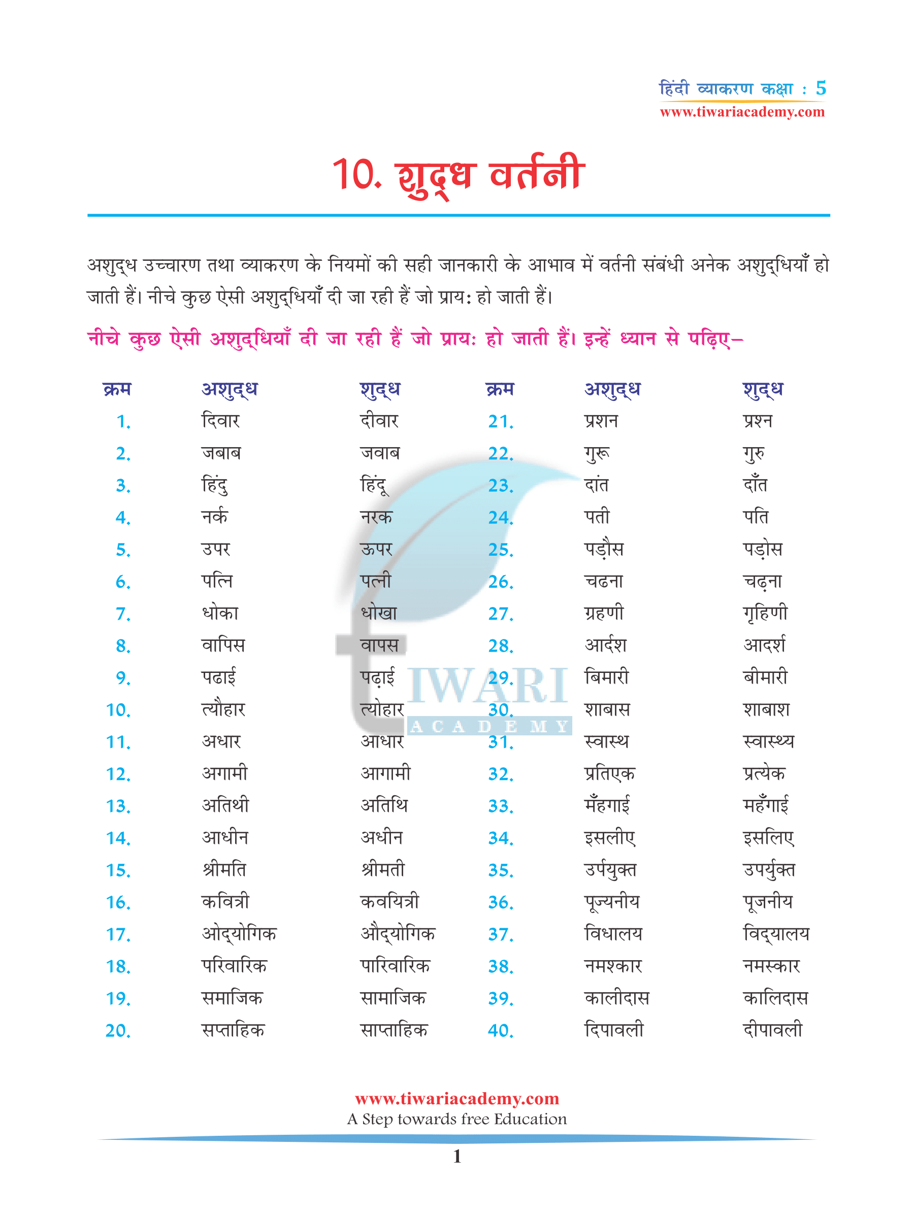 CBSE NCERT Class 5 Hindi Grammar Chapter 10 Shuddh Vartani PDF.