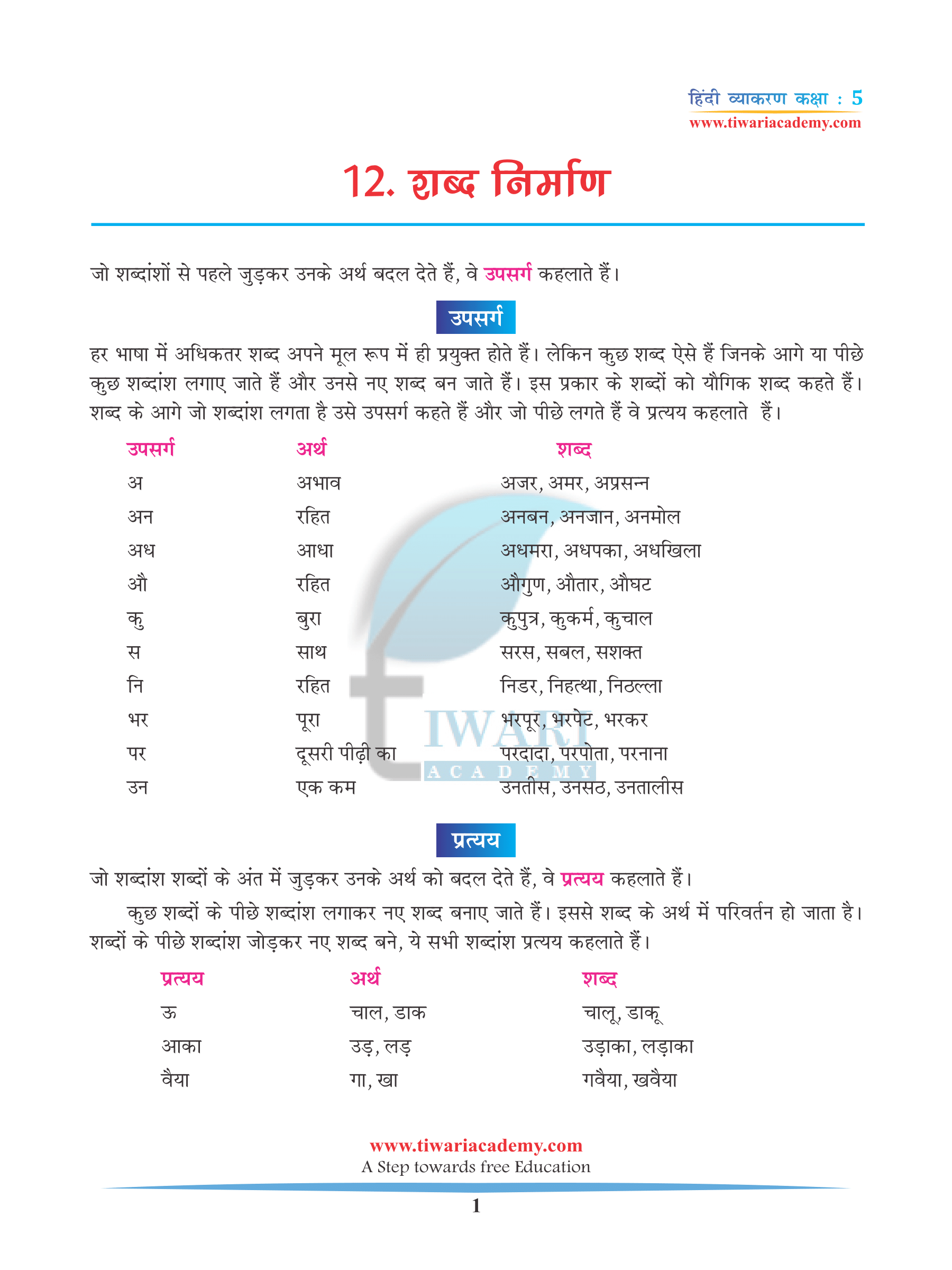 Class 5 Hindi Grammar Chapter 12 Shabd Nirman, Upsarg, Pratyay