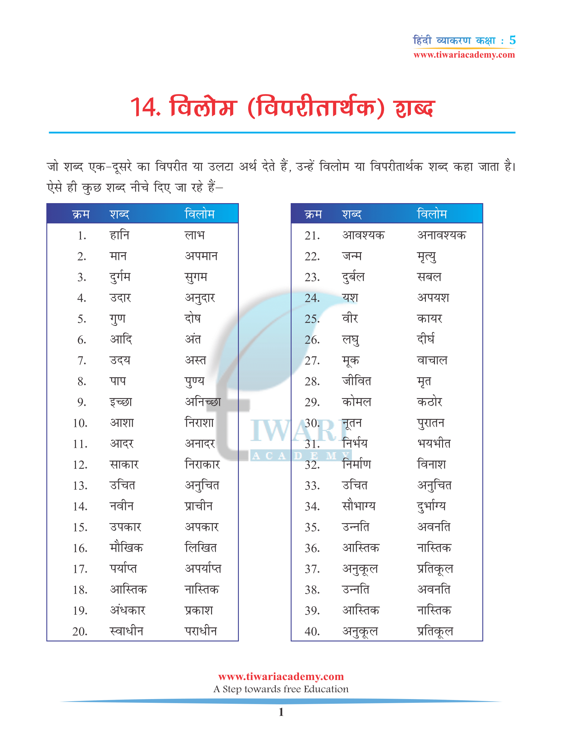 cbse class 5 hindi grammar chapter 14 vilom shabd vipriitarthak shabd