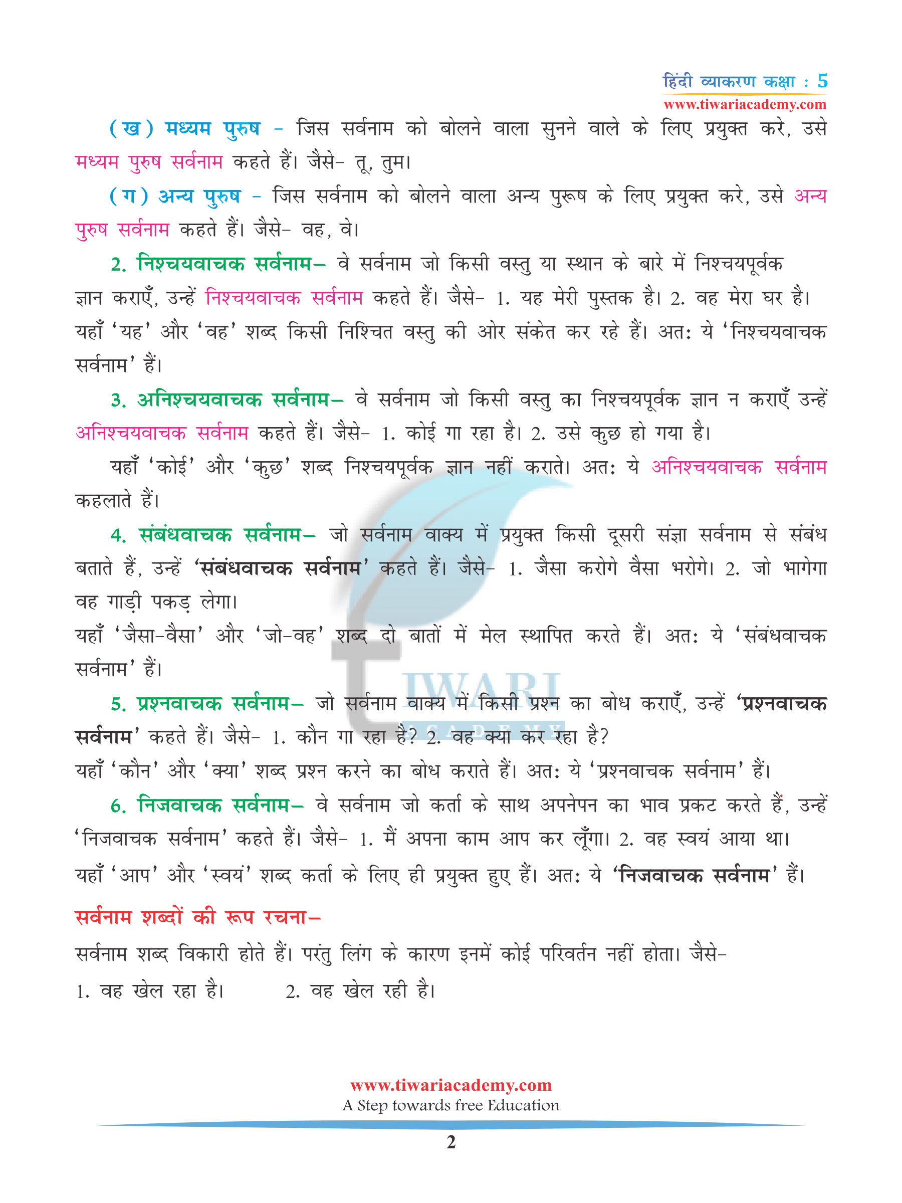 Class 5 Hindi Grammar Chapter 5 Sarvnam aur Sarvnam ke bhed
