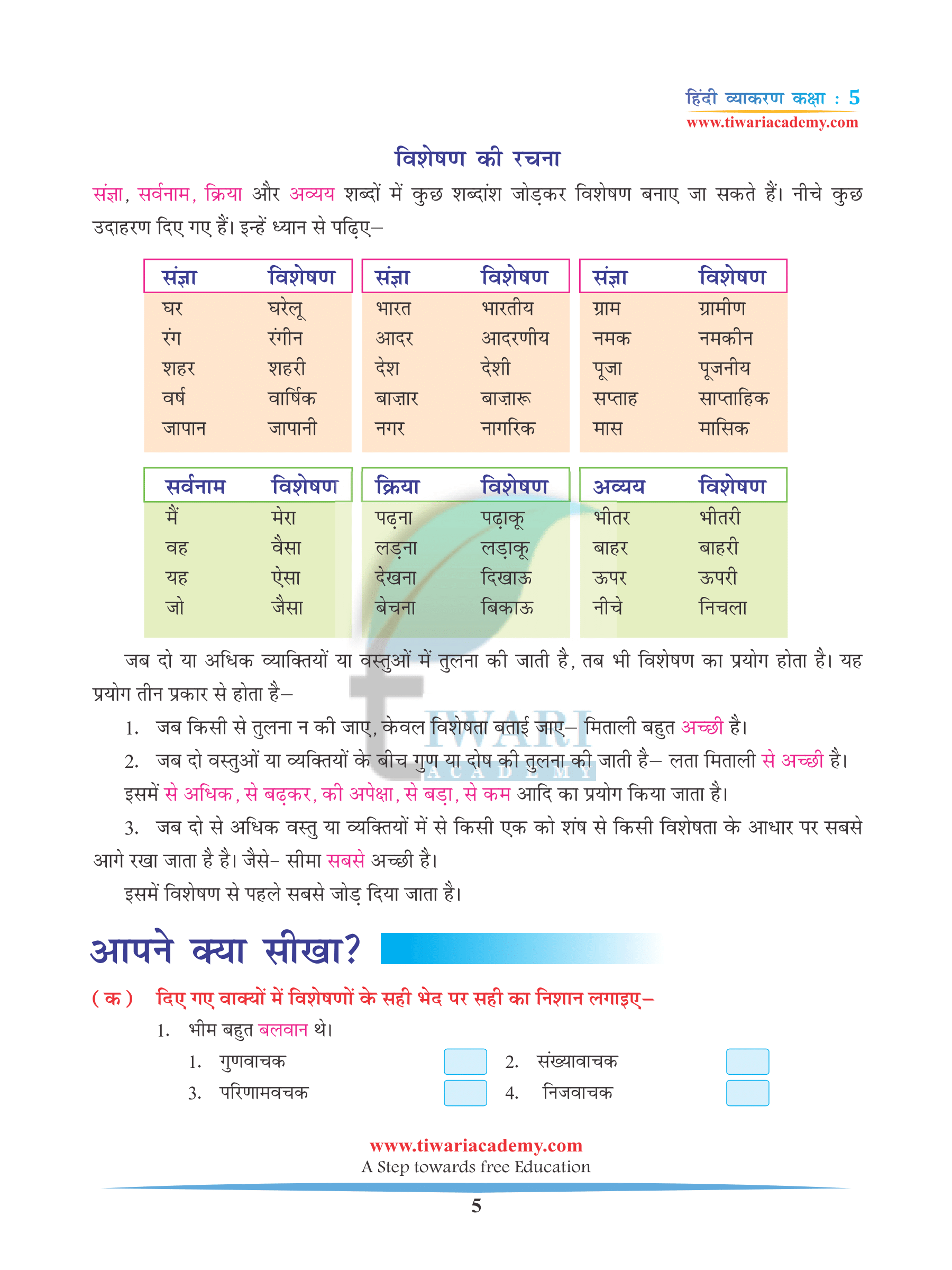 CBSE Class 5 Hindi Grammar Chapter 6 Visheshan PDF