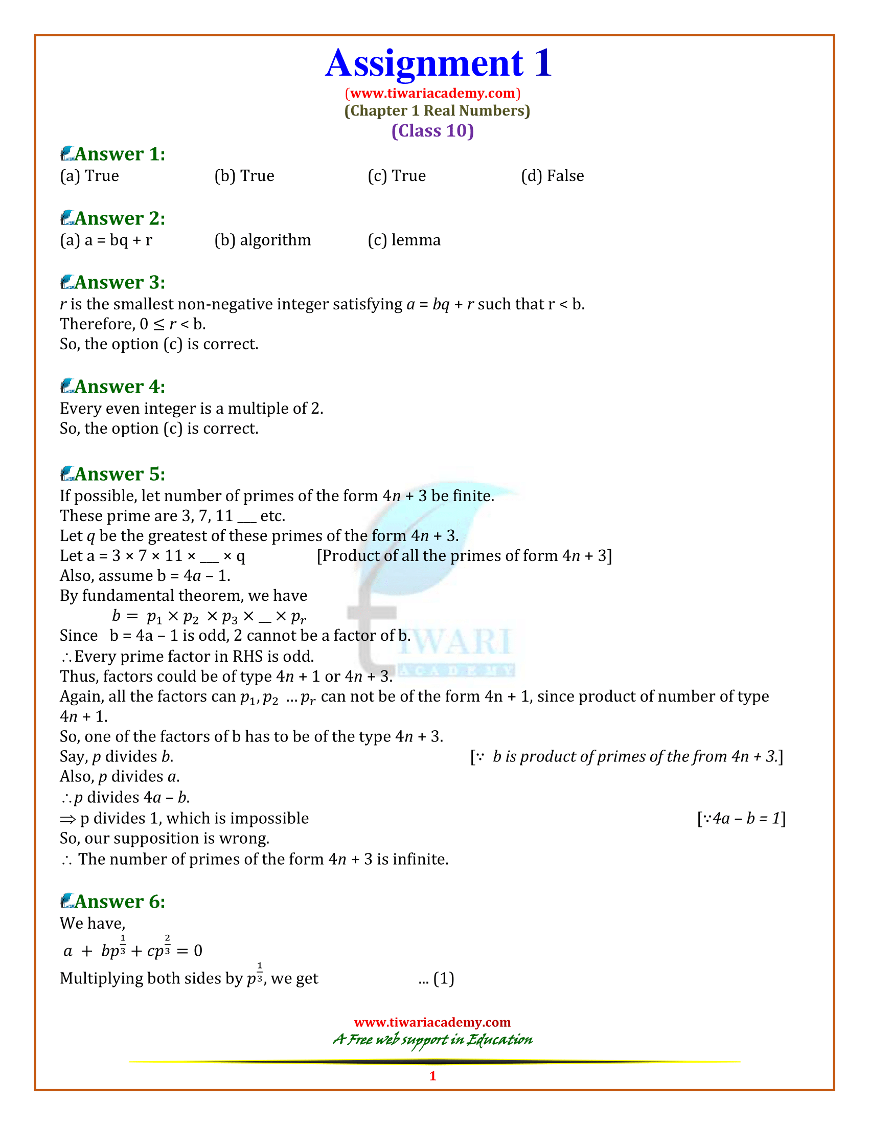 Assignments for Class 10 Maths Chapter 1