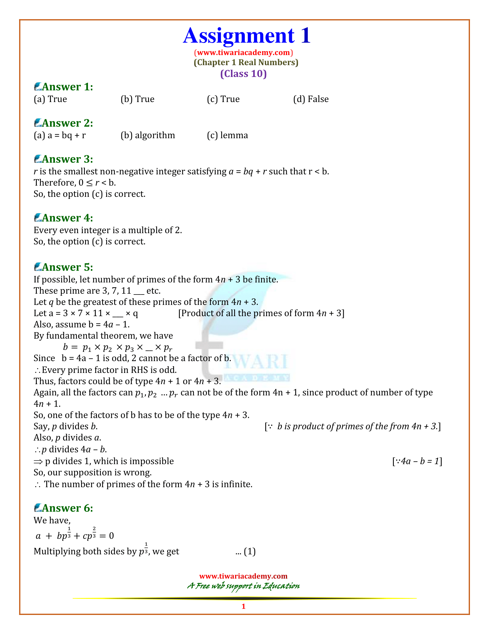 assignment maths class 10