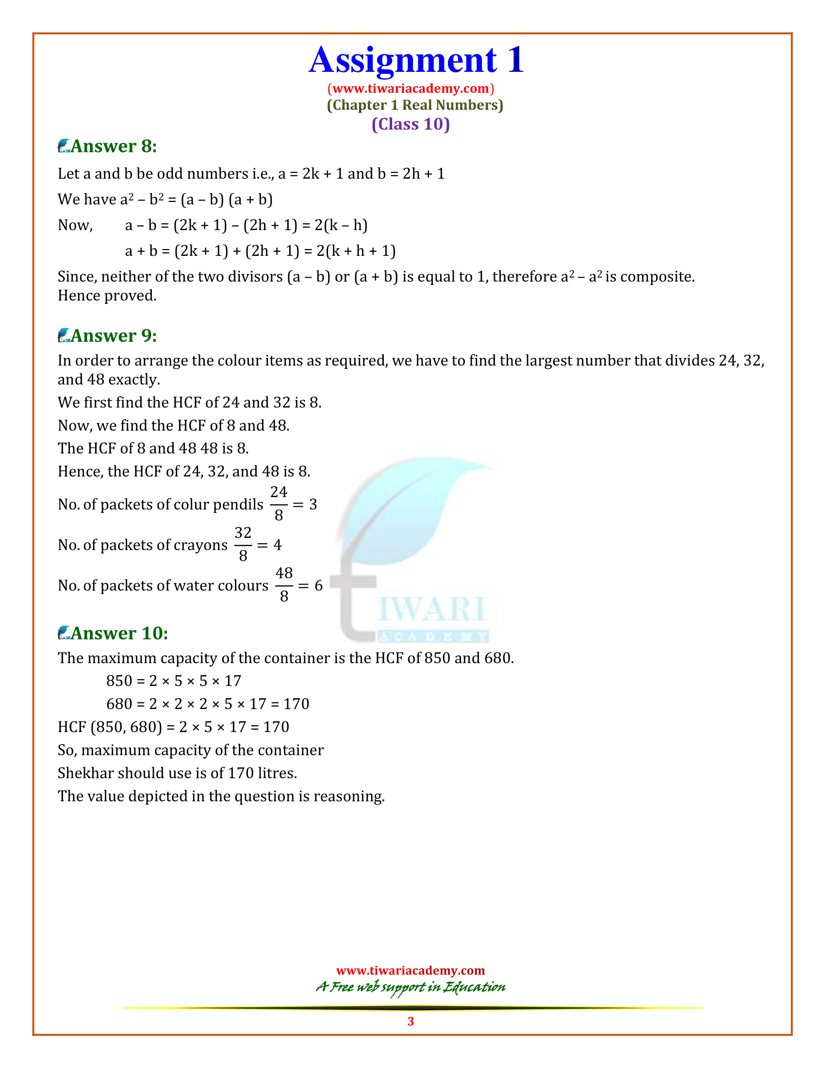 maths assignment class 10