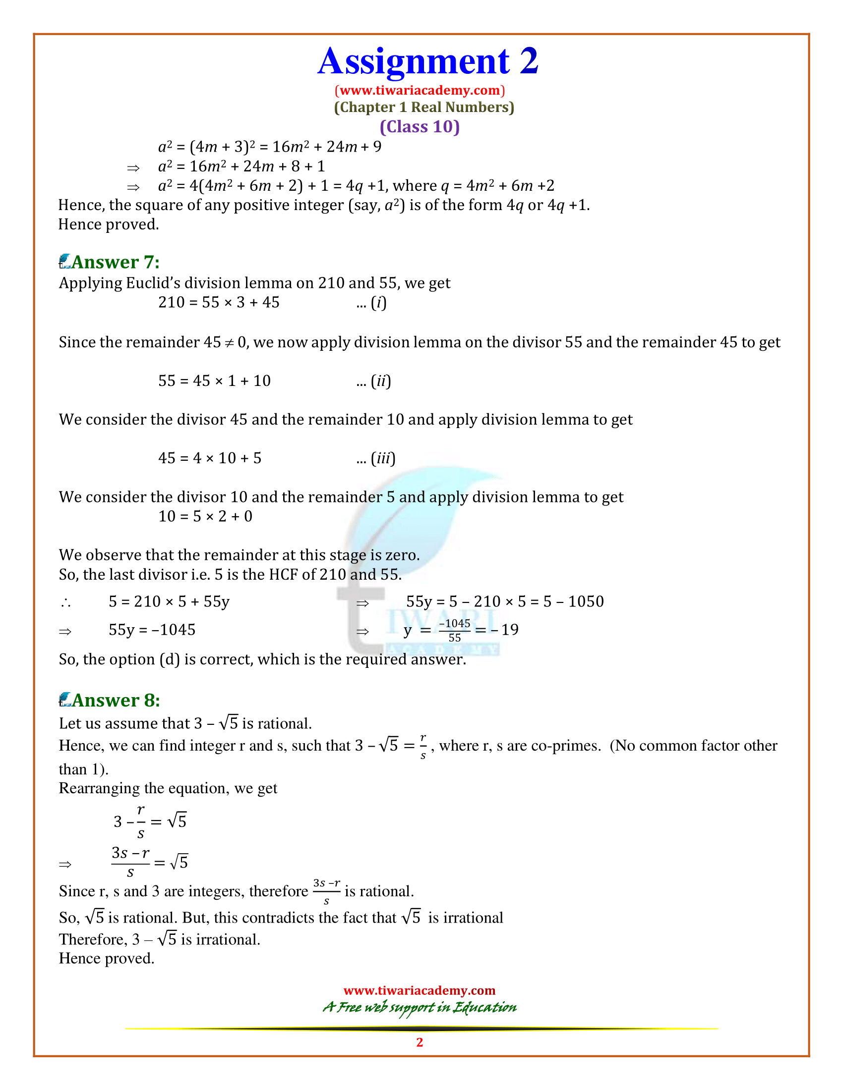 Class 10 Maths Assignment 2 Solutions