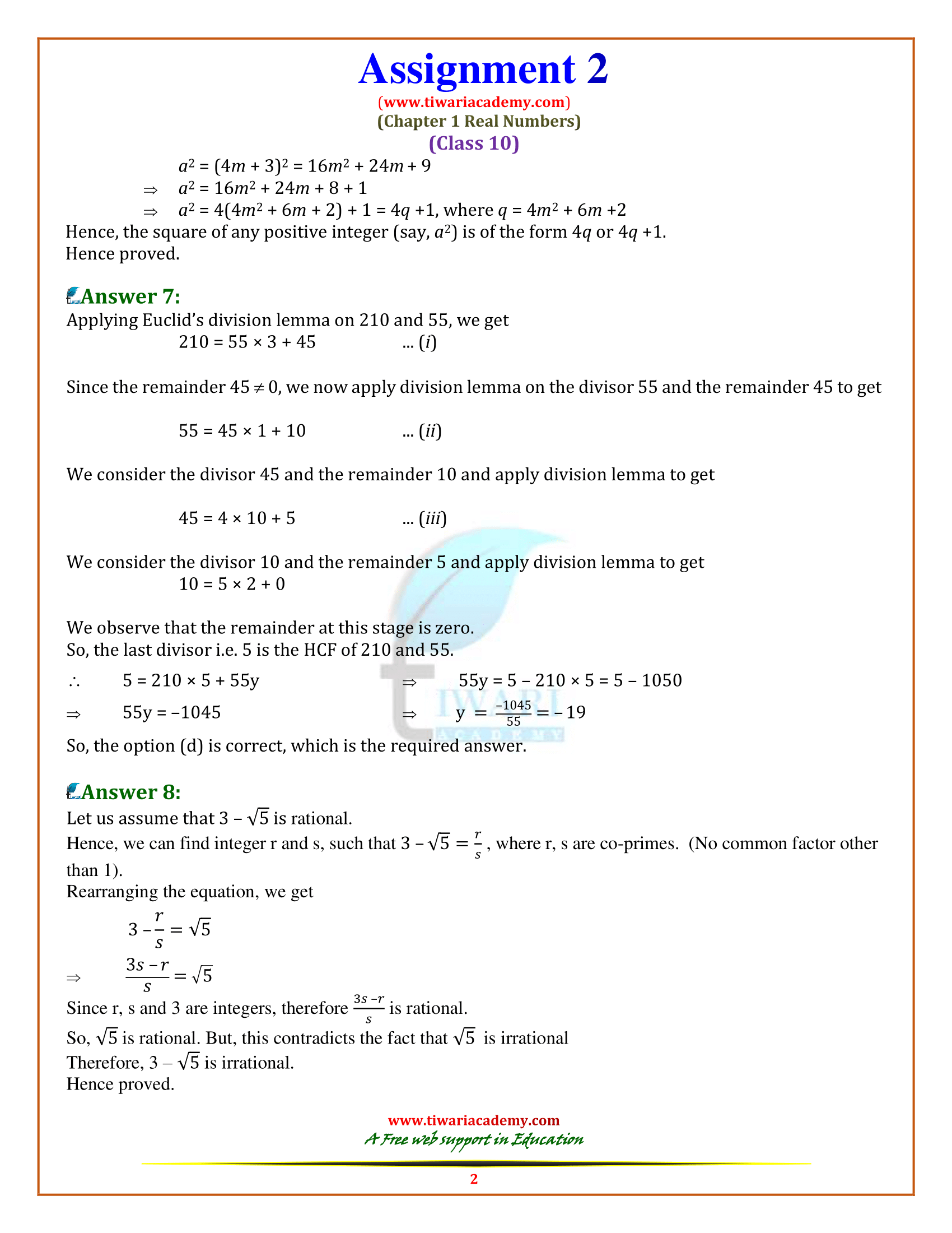 10th assignment answer key maths