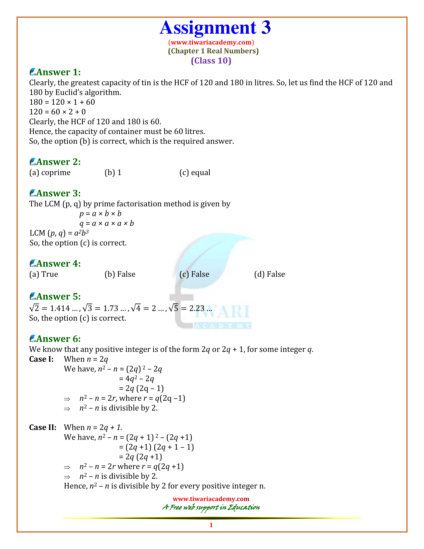 maths assignment class 10