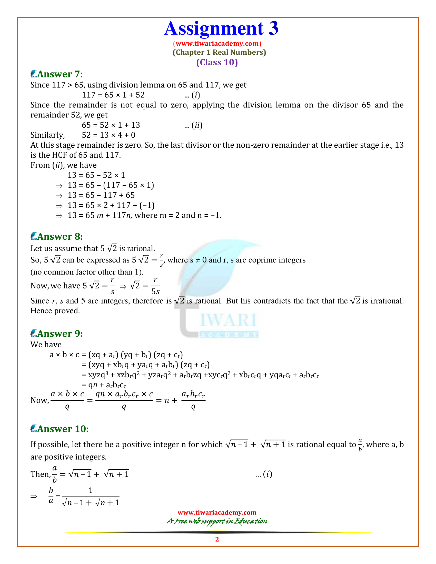 Class 10 Maths Assignments question answers