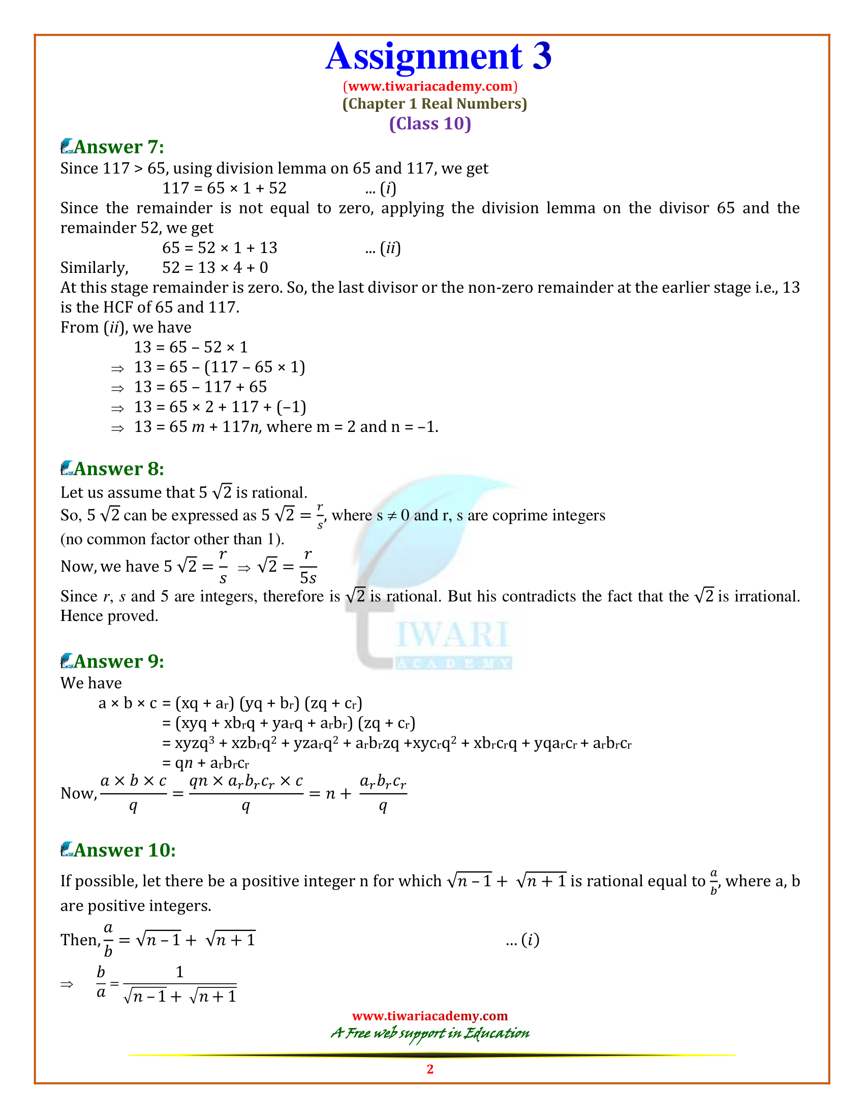 10th maths assignment answer