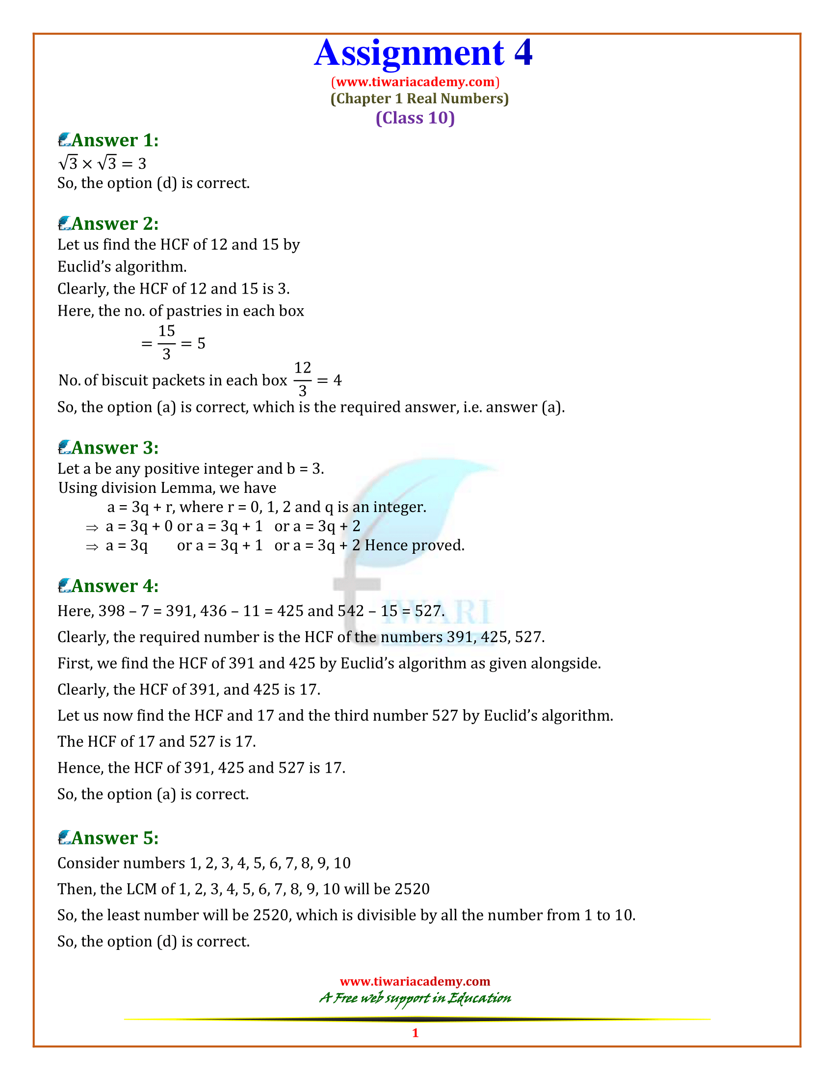 10th Maths assignments ch. 1